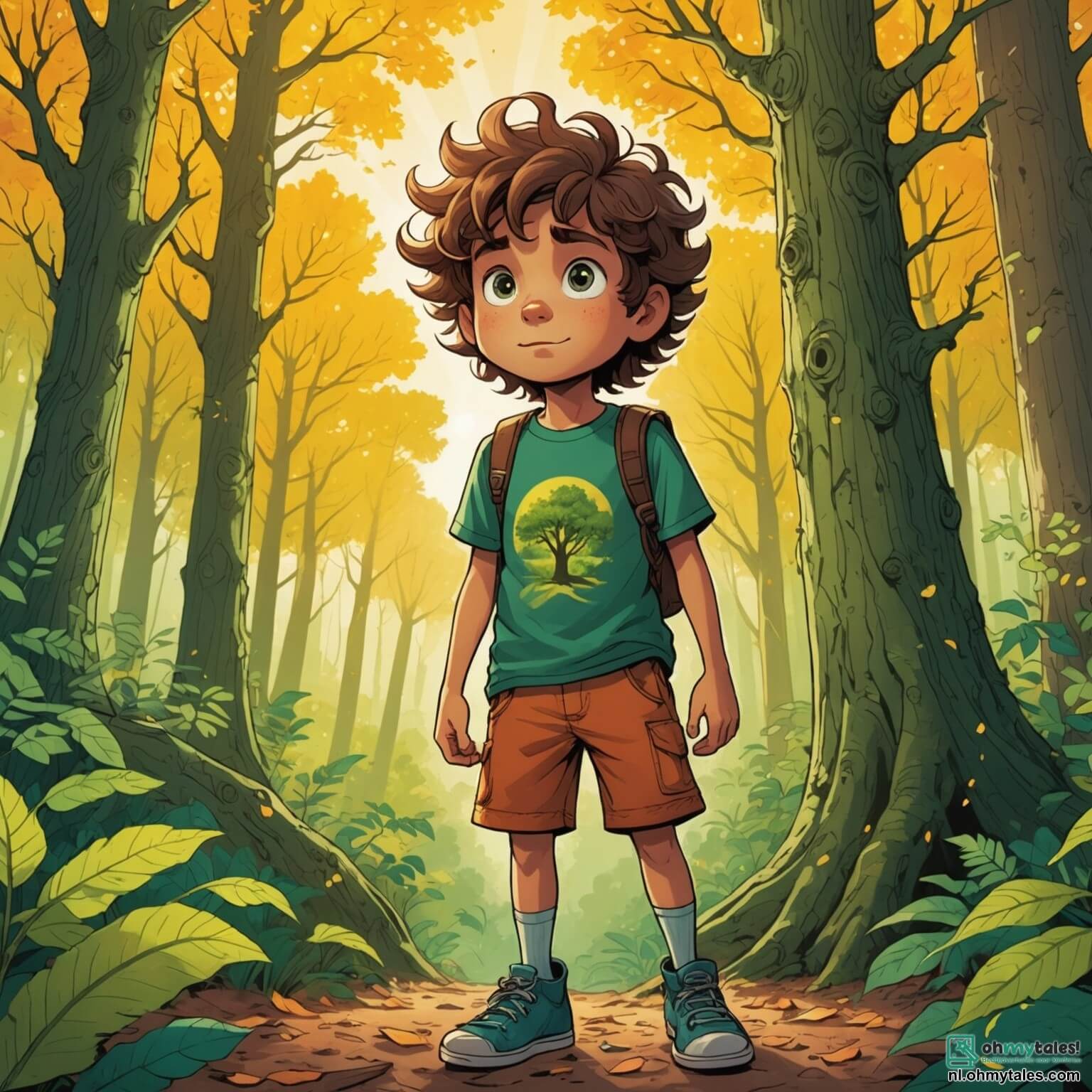 Une illustration destinée aux enfants représentant un garçon aux yeux pétillants de curiosité et à la chevelure ébouriffée, vêtu d'un t-shirt coloré et d'un short, se tenant courageusement à l'orée d'un vaste et mystérieux bois aux arbres majestueux aux troncs noueux et aux feuillages d'un vert éclatant, où des rayons de soleil percent à travers les branches pour illuminer le sol tapissé de feuilles dorées, tandis qu'il est accompagné de sa meilleure amie, une fille aux cheveux longs et brillants, portant une robe à fleurs et un sourire éclatant, ainsi que d'un garçon intrépide, aux bras musclés et à l'esprit aventurier, tous trois prêts à explorer une grotte cachée, pleine de secrets scintillants et de merveilles inattendues.