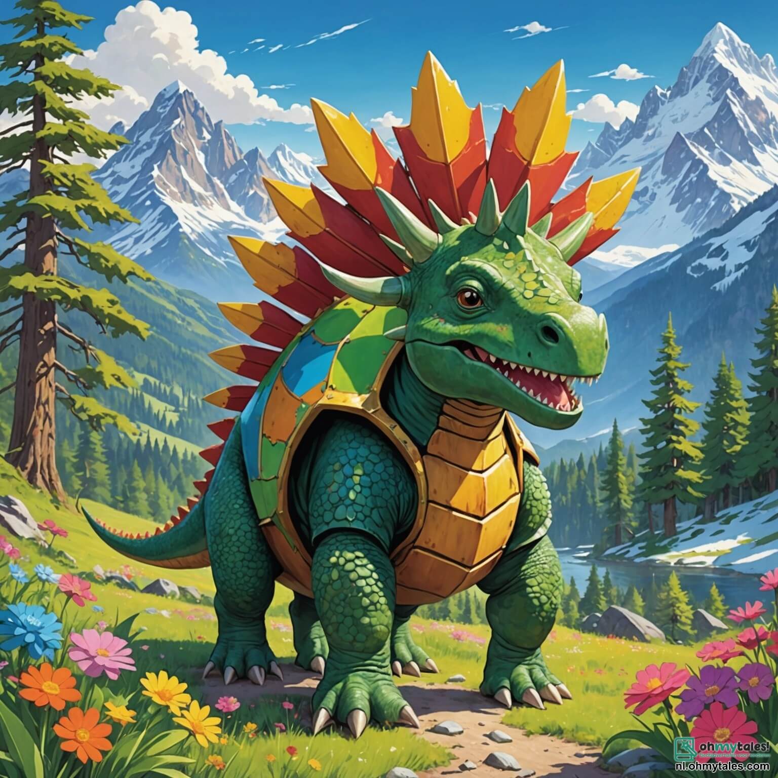 Une illustration destinée aux enfants représentant un jeune stégosaure à la peau verte et aux plaques dorsales en forme de boucliers colorés, se tenant avec enthousiasme au cœur d'une vallée ensoleillée, entourée de majestueuses montagnes aux sommets enneigés, de fleurs éclatantes aux couleurs vives et de grands arbres aux troncs noueux, alors qu'il invite ses amis, une triceratops aux cornes imposantes et un petit vélociraptor agile, à l'accompagner dans une quête palpitante pour retrouver les fruits mystérieusement disparus de leur arbre bien-aimé, tout en découvrant l'importance de l'amitié et de l'entraide dans leur monde préhistorique.