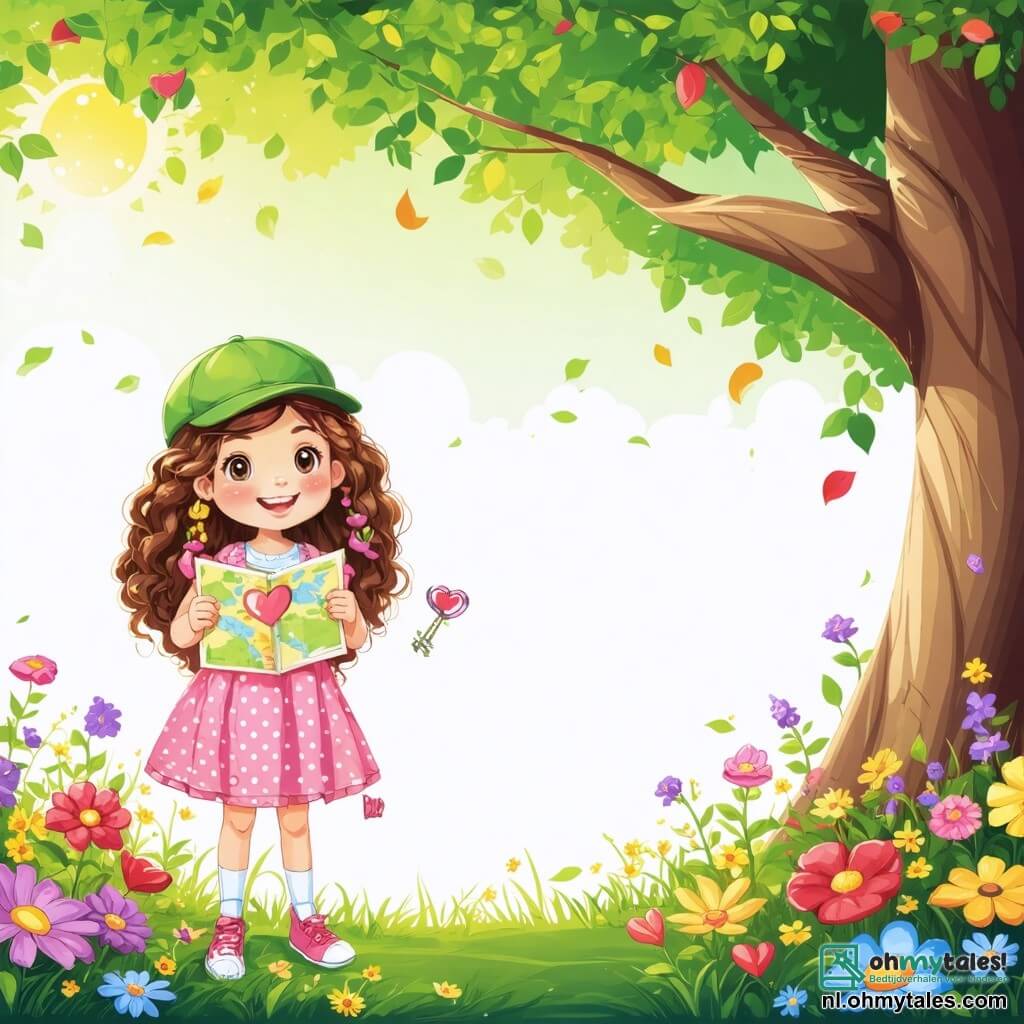 Illustratie van een zonnig park, vol kleurrijke bloemen in levendige tinten van rood, geel en paars, met een grote boom met weelderig loof die schaduw biedt. In het midden van de afbeelding staat een 7-jarig meisje met lange krullende haren en een stralende glimlach, gekleed in een mooie roze jurk met witte stippen. Ze houdt een kaart versierd met harten in haar handen, met sprankelende ogen van opwinding. Naast haar staan twee vrienden: een 8-jarige jongen met een groene pet en een gestreept t-shirt, die glimlacht terwijl hij een kleine sleutel in de vorm van een hart laat zien, en een 7-jarig meisje met gevlochten blond haar en een bloemenjurk, die naar een mooie bloem wijst. De scène vangt het moment waarop ze een mysterieuze Valentijnskaart ontdekken, omringd door kleurrijke ballonnen die in de lucht zweven en kleine vogels die in de bomen zingen, wat een vrolijke en magische sfeer creëert.