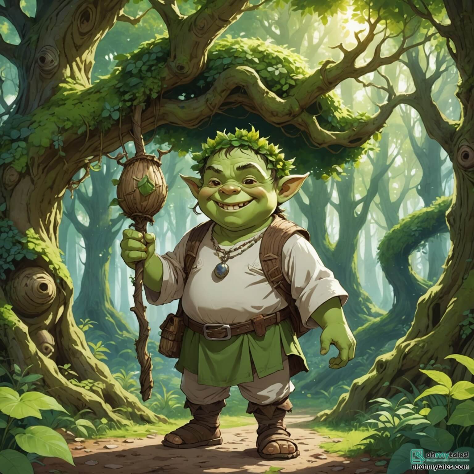 Une illustration destinée aux enfants représentant un ogre au teint verdâtre, aux yeux pétillants de malice et aux dents blanches comme des perles, se tenant au cœur d'une forêt enchantée où les arbres majestueux, aux troncs noueux et aux feuillages chatoyants, s'entrelacent pour former un toit de verdure, tandis qu'un petit garçon au sourire éclatant, vêtu d'une tunique en lin et d'un chapeau en paille, et une petite fille aux cheveux dorés, portant une robe à fleurs, s'avancent avec curiosité vers lui, tous trois entourés de fleurs lumineuses et de créatures féériques qui dansent autour d'eux, alors qu'ils s'apprêtent à vivre une aventure extraordinaire à la recherche d'une mystérieuse pomme d'or capable de réaliser des vœux.