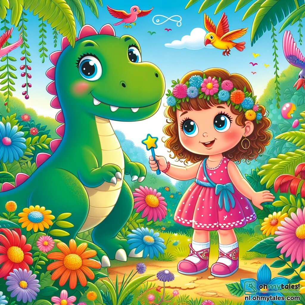 Une illustration sous forme de dessin destinée aux enfants représentant une jungle luxuriante et colorée, avec une petite fille de 4 ans aux cheveux bouclés et aux yeux pétillants, portant une robe rose et tenant une clé en forme d'étoile, émerveillée par un grand dinosaure vert au sourire amical, qui se tient à ses côtés, entouré de fleurs éclatantes et d'oiseaux colorés, alors qu'ils explorent ensemble ce monde préhistorique magique, illustrant l'aventure fantastique d'un voyage dans le temps.