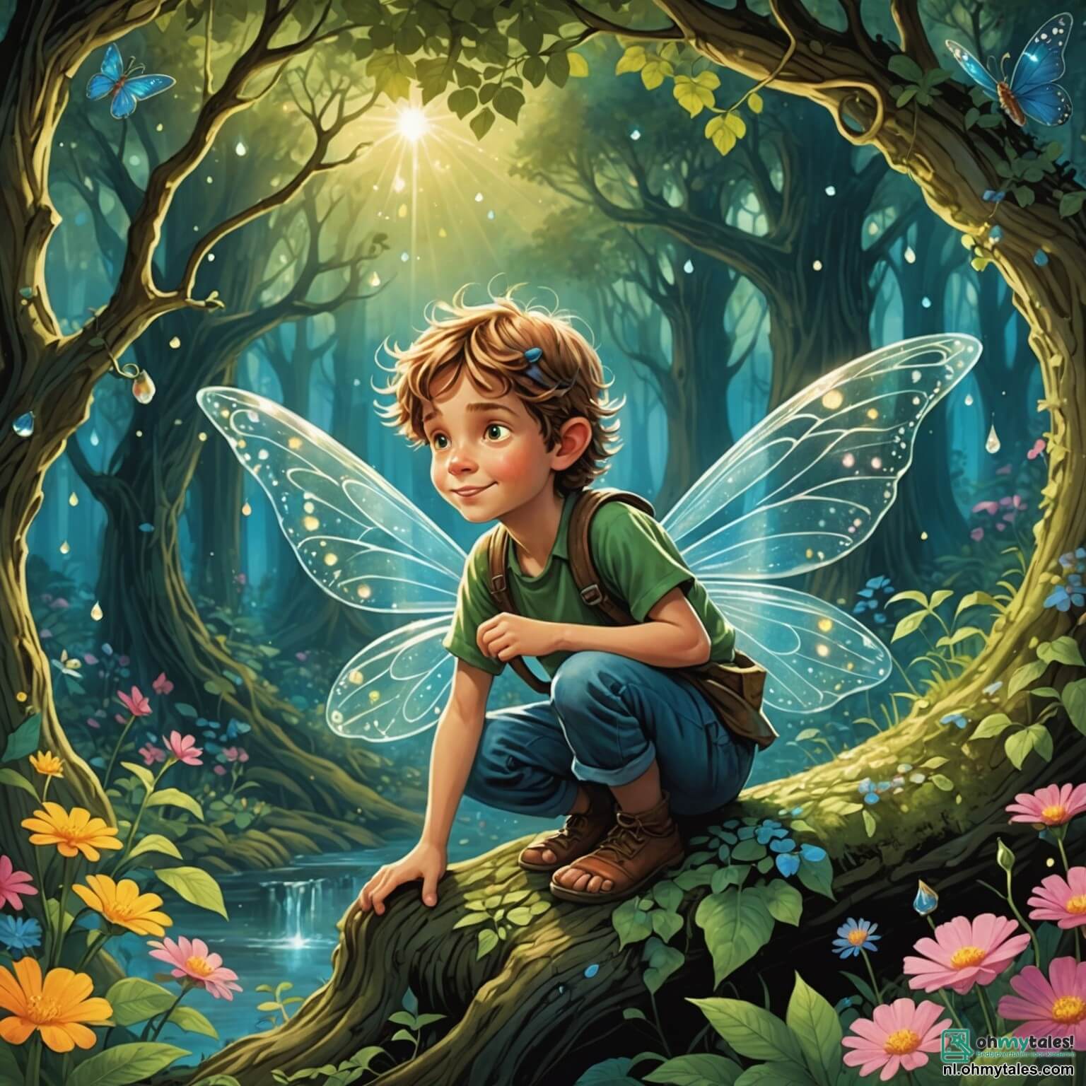 Une illustration destinée aux enfants représentant une petite fée aux ailes scintillantes comme des gouttes de rosée, flottant au-dessus d'une forêt enchantée où les arbres majestueux, aux troncs noueux et aux feuillages luxuriants, abritent des fleurs aux couleurs éclatantes et des créatures magiques, tandis qu'un jeune garçon curieux, aux cheveux ébouriffés et aux yeux pétillants, s'aventure timidement dans ce monde féerique à la recherche d'une mystérieuse source de lumière.