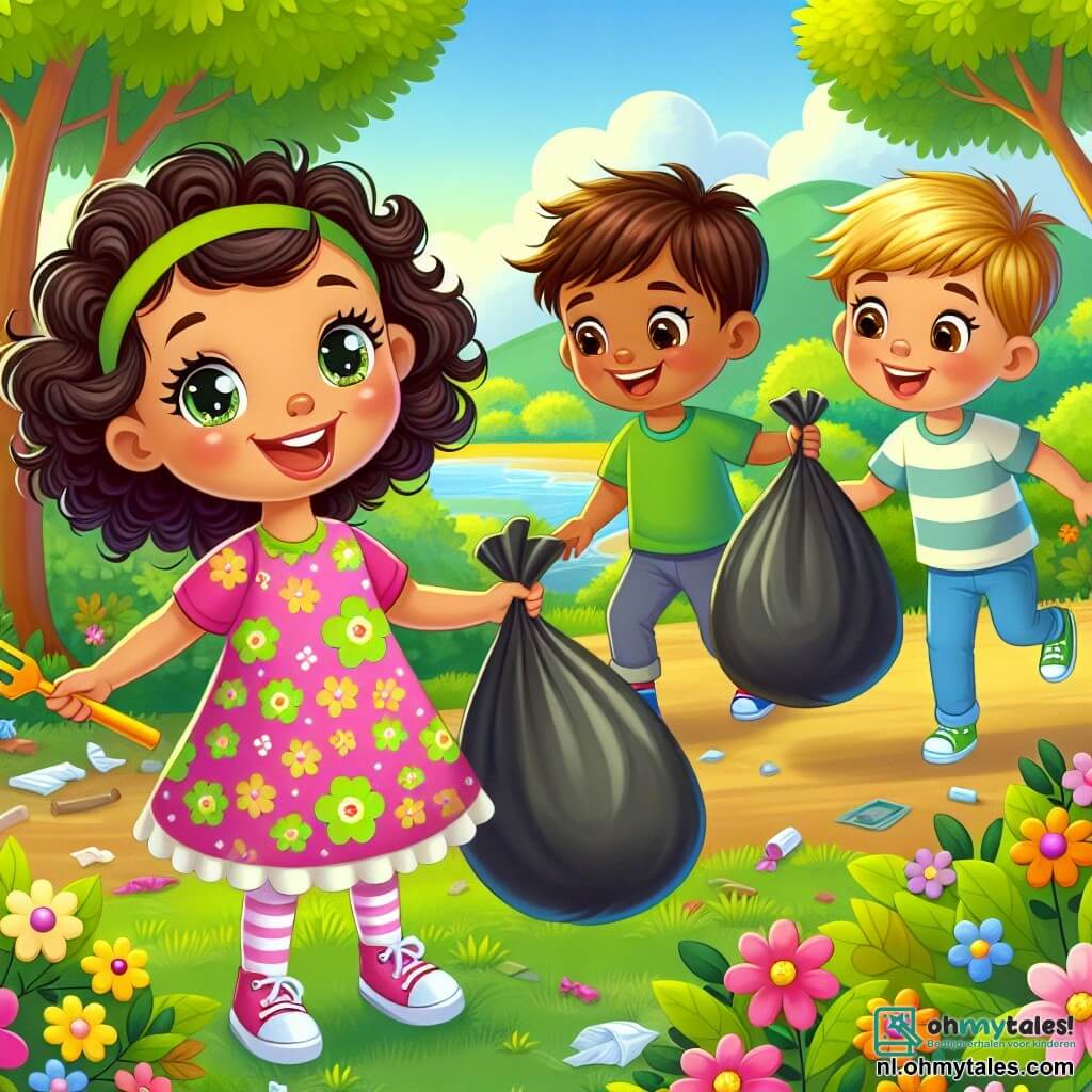 Une illustration sous forme de dessin destinée aux enfants représentant un parc verdoyant avec des arbres colorés et des fleurs éclatantes, où une petite fille de 5 ans aux cheveux bouclés et aux yeux pétillants, vêtue d'une robe à fleurs, sourit en ramassant des déchets avec enthousiasme, tandis que deux garçons de son âge, l'un aux cheveux bruns et l'autre aux cheveux blonds, l'aident joyeusement en tenant des sacs poubelles, illustrant ainsi leur engagement à protéger la nature et à rendre leur environnement plus propre et plus beau.