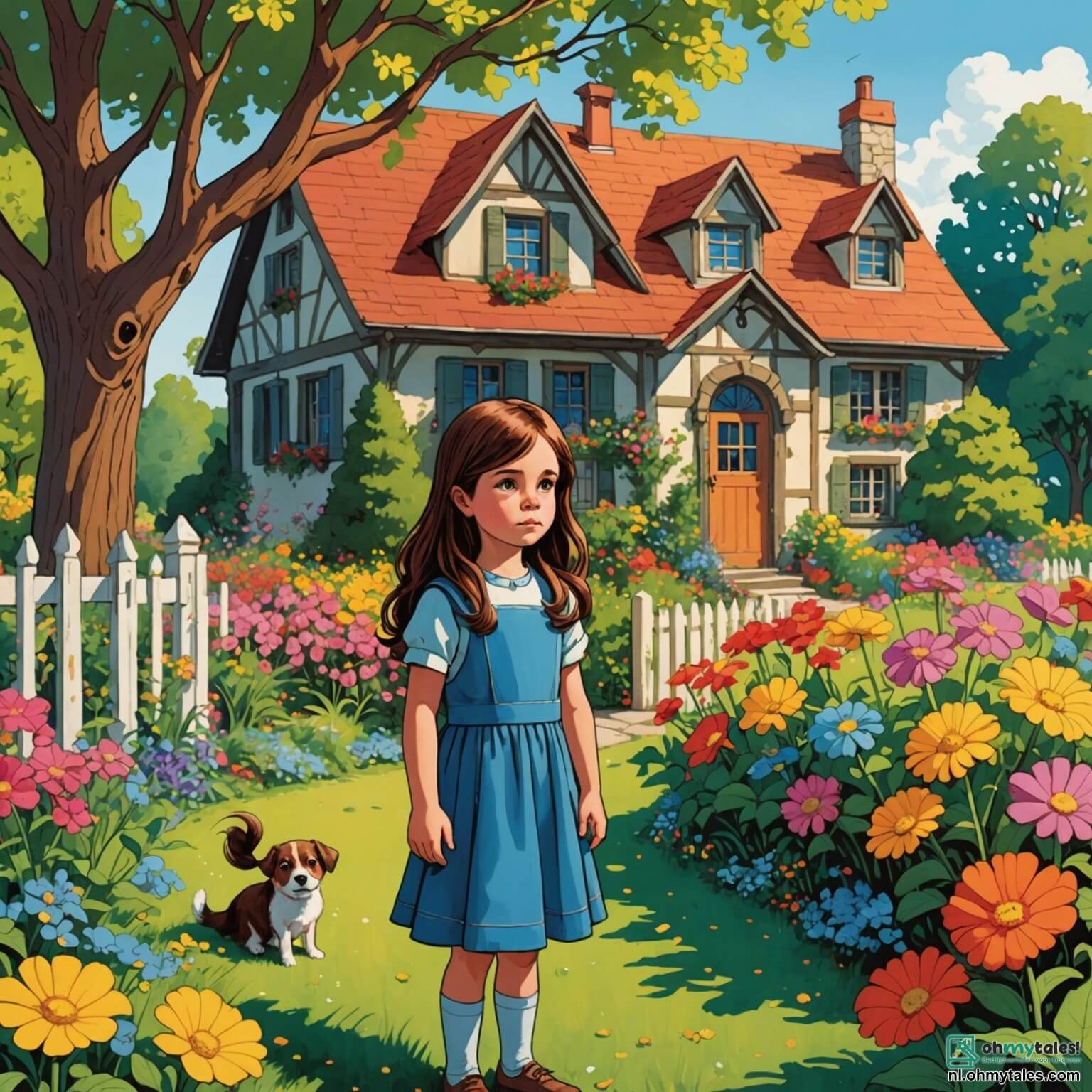 Une illustration destinée aux enfants représentant une petite fille aux longs cheveux bruns, aux yeux pétillants de curiosité et de tristesse, se tenant au milieu d'un jardin coloré rempli de fleurs éclatantes et d'arbres majestueux, tandis qu'elle fait face à une maison chaleureuse mais désormais silencieuse, symbole de la séparation de ses parents, un homme au regard sérieux et une femme douce, qui, bien qu'aimants, ne vivent plus ensemble, laissant la fillette naviguer entre deux mondes, celui de sa mère, dans un appartement douillet aux murs ornés de dessins d'enfants, et celui de son père, dans un petit cottage avec un jardin où ils cuisinent ensemble des cookies, cherchant à comprendre et à accepter ce nouveau chapitre de sa vie.