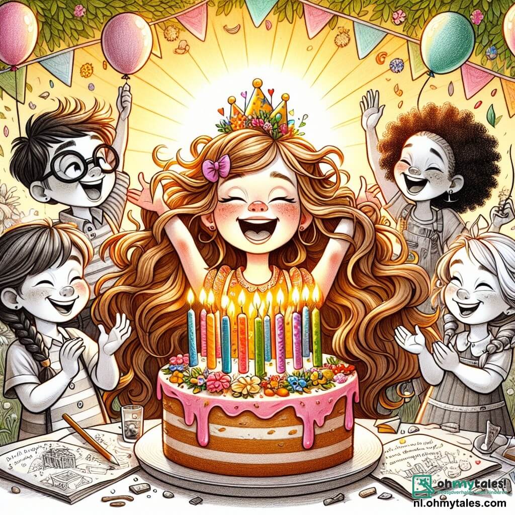 Une illustration sous forme de dessin destinée aux enfants représentant une joyeuse fête d'anniversaire dans un jardin ensoleillé, avec une petite fille de 5 ans aux longs cheveux ondulés et brillants, souriante, en train de souffler sur des bougies d'une grande et colorée gâteau d'anniversaire, entourée de ses amis : une fille aux cheveux courts et bouclés qui applaudit avec enthousiasme, un garçon aux lunettes qui tient une carte au trésor, et une autre fille aux tresses qui rit joyeusement, tous vêtus de vêtements colorés et festifs, tandis que des ballons flottent dans l'air et des guirlandes décorent l'environnement, capturant l'esprit de la confiance en soi et de la joie partagée.