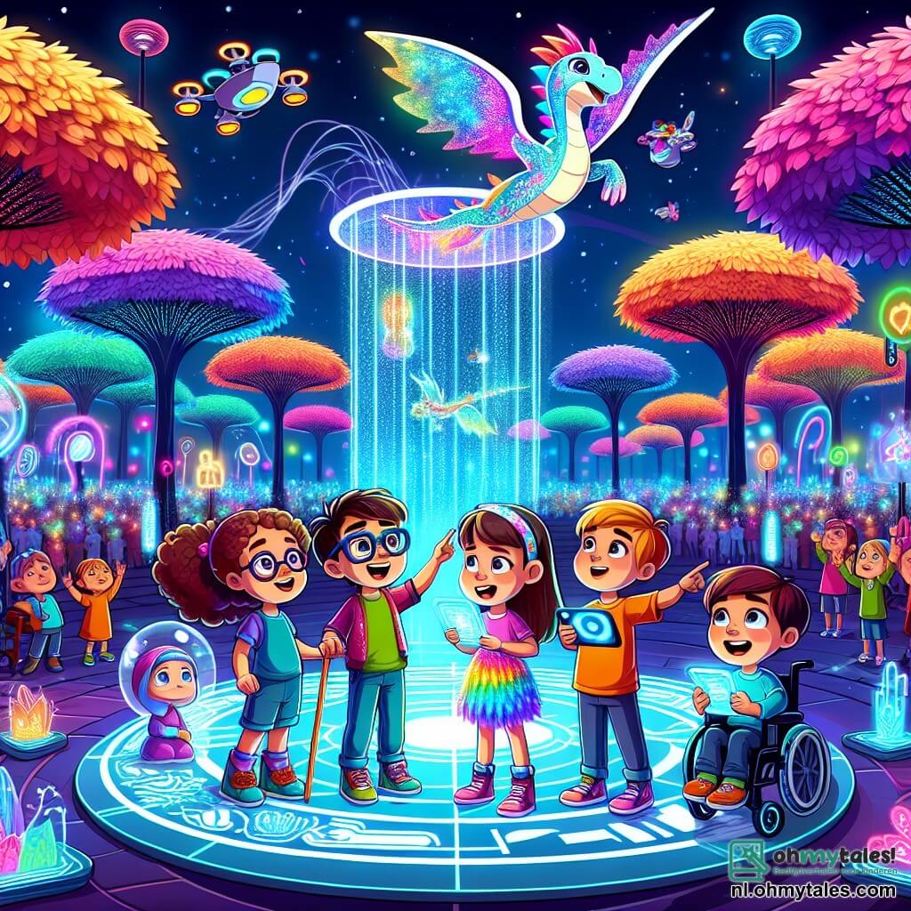 Illustratie van een futuristisch park vol kleuren, met bomen met lichtgevende bladeren en zwevende hologrammen in de lucht. In het midden staat een groep van vier kinderen op een grote holografische mat. Er is een meisje van zeven jaar met krullend haar en sprankelende ogen, die verwonderd glimlacht. Naast haar is een zevenjarige jongen in een rolstoel, met een bril en een kleurrijk t-shirt, die zijn armen in vreugde omhoogsteekt. Een ander meisje van zeven jaar met lang haar en een glinsterende jurk wijst naar een holografische draak die de lucht in stijgt. Tot slot is er een zevenjarige jongen met kort haar en een ondeugende glimlach die een futuristische afstandsbediening vasthoudt. De scène toont hun opwinding terwijl ze zich voorbereiden om op de rug van de holografische draak te klimmen, omringd door schitterende lichten en andere kinderen die om hen heen spelen. Kleurrijke drones vliegen over het park en brengen bloemen en fruit, wat een vleugje magie toevoegt aan het geheel.