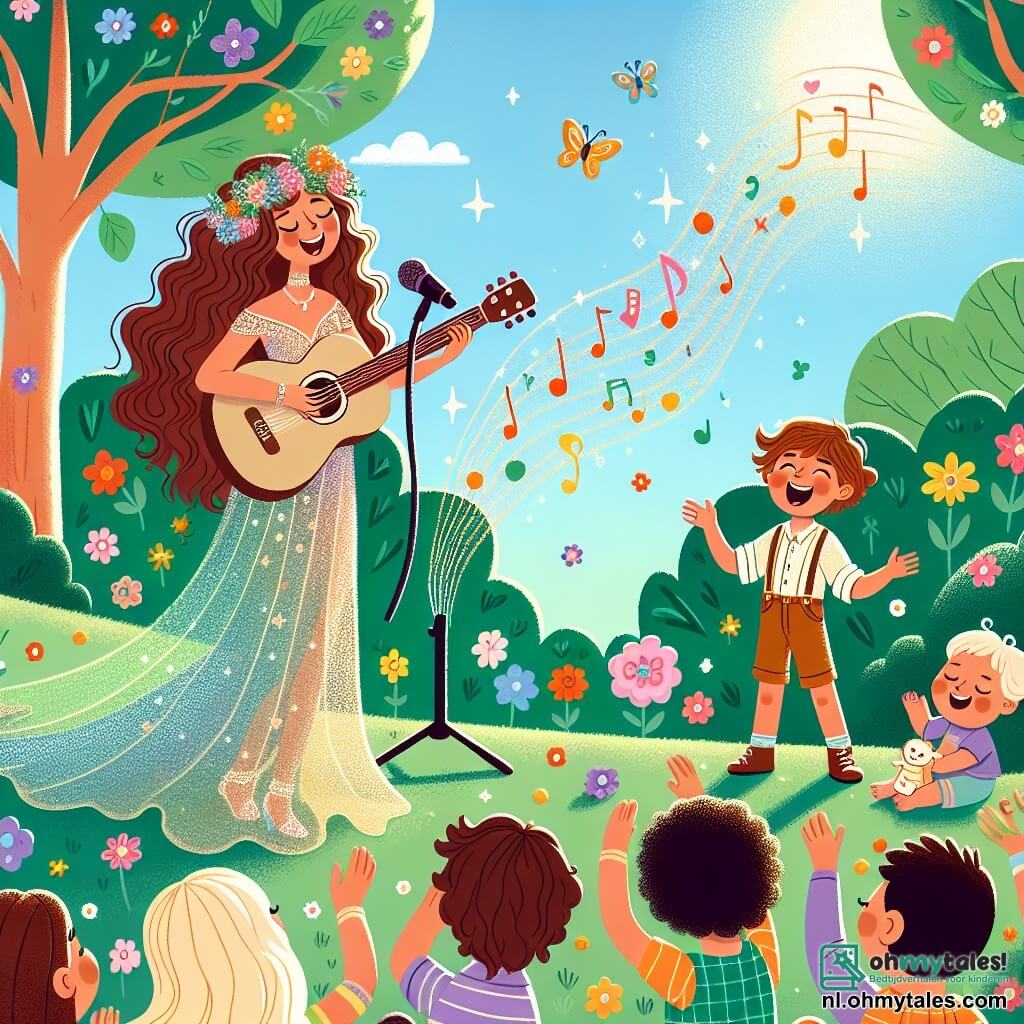 Une illustration sous forme de dessin destinée aux enfants représentant un parc ensoleillé rempli de fleurs colorées et d'arbres verdoyants, où une jeune femme aux cheveux longs et bouclés, vêtue d'une robe glissante et brillante, chante joyeusement en jouant de la guitare, entourée d'un petit garçon aux cheveux châtains, souriant et dansant avec un jouet en peluche dans les mains, tandis qu'un groupe de spectateurs enthousiastes applaudit et profite de la magie de la musique dans l'air.