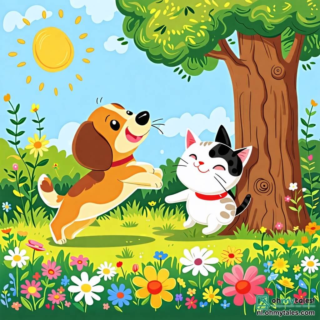 Une illustration sous forme de dessin destinée aux enfants représentant un jardin ensoleillé avec des fleurs colorées et un grand arbre, où un chien à la fourrure brune et aux yeux pétillants saute joyeusement en jouant à cache-cache, tandis qu'une chatte blanche avec des taches noires se cache malicieusement derrière le tronc de l'arbre, le tout baigné dans une atmosphère ludique et joyeuse, illustrant l'amitié et l'innocence des jeux d'enfance.