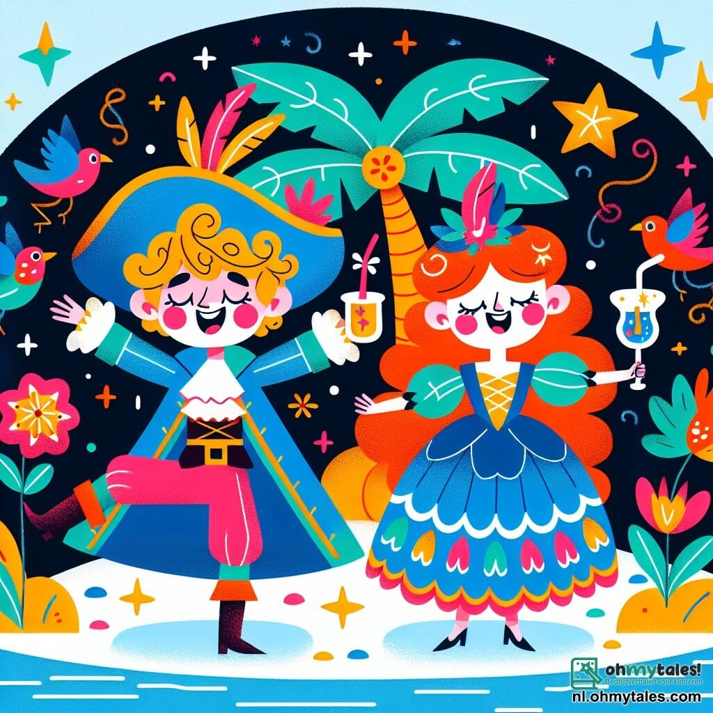 Une illustration sous forme de dessin destinée aux enfants représentant un îlot tropical vibrant de couleurs, avec des palmiers dansants et des fleurs éclatantes, où un prince aux cheveux bouclés et à la peau claire, portant une grande hoed bleue ornée d'une plume, rit aux éclats en dansant, entouré d'une joyeuse sorcière aux cheveux rouges et à la robe colorée, qui tient une tasse de potion pétillante, et d'un petit perroquet aux plumes multicolores, qui fait des grimaces, tandis qu'ils s'amusent ensemble sous un ciel étoilé, remplis de magie et de rires.