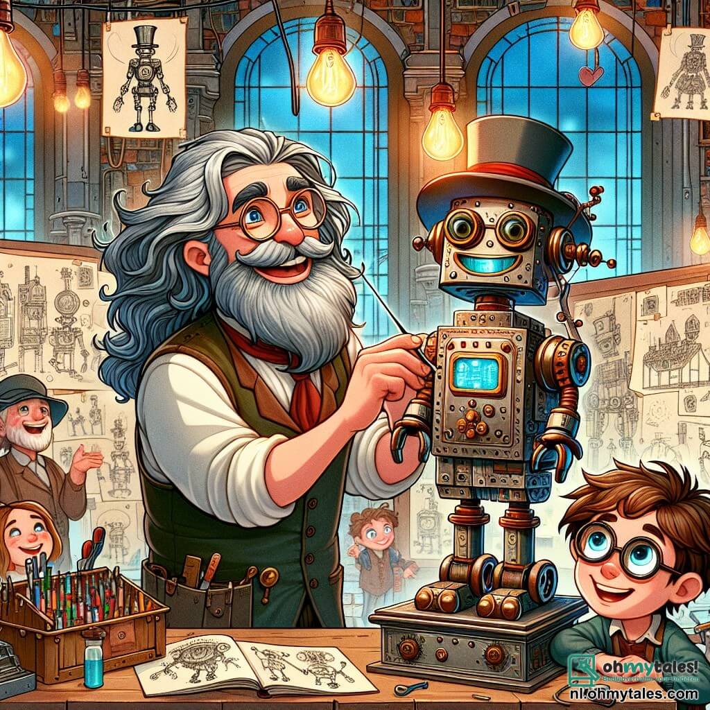 Une illustration sous forme de dessin destinée aux enfants représentant une vaste et colorée atelier d'inventeur, rempli de machines étranges et de croquis accrochés aux murs, où un homme aux cheveux ébouriffés et à la barbe grisonnante, vêtu d'une blouse de travail, se penche avec enthousiasme sur un robot souriant portant une haute hoed et des lunettes, tandis que deux enfants, une fille aux cheveux bruns tressés et un garçon aux lunettes rondes, l'observent avec des yeux émerveillés, impatients de l'aider à finaliser leur invention qui va bientôt raconter des histoires magiques.