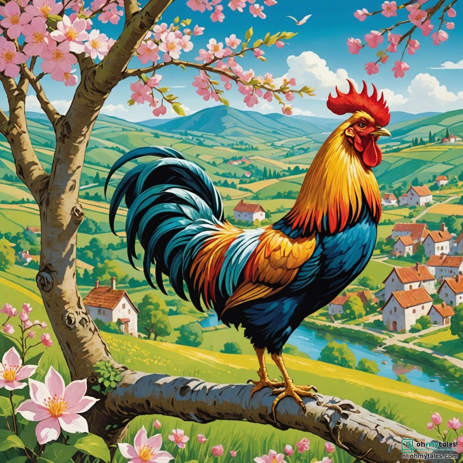 Une illustration destinée aux enfants représentant un coq flamboyant aux plumes dorées scintillant sous les premiers rayons du soleil, perché fièrement sur une branche d'un vieux pommier aux fleurs roses et blanches, dans un paisible village entouré de collines verdoyantes où les ruisseaux murmurent doucement et les champs de blé dansent au gré du vent, tandis qu'il rêve de conquérir la scène d'un grand festival animalier, encouragé par une joyeuse lapine aux grandes oreilles qui l'accompagne dans son aventure, tous deux prêts à surmonter leurs peurs et à partager la magie de leur chant avec les habitants émerveillés de ce charmant coin de nature.