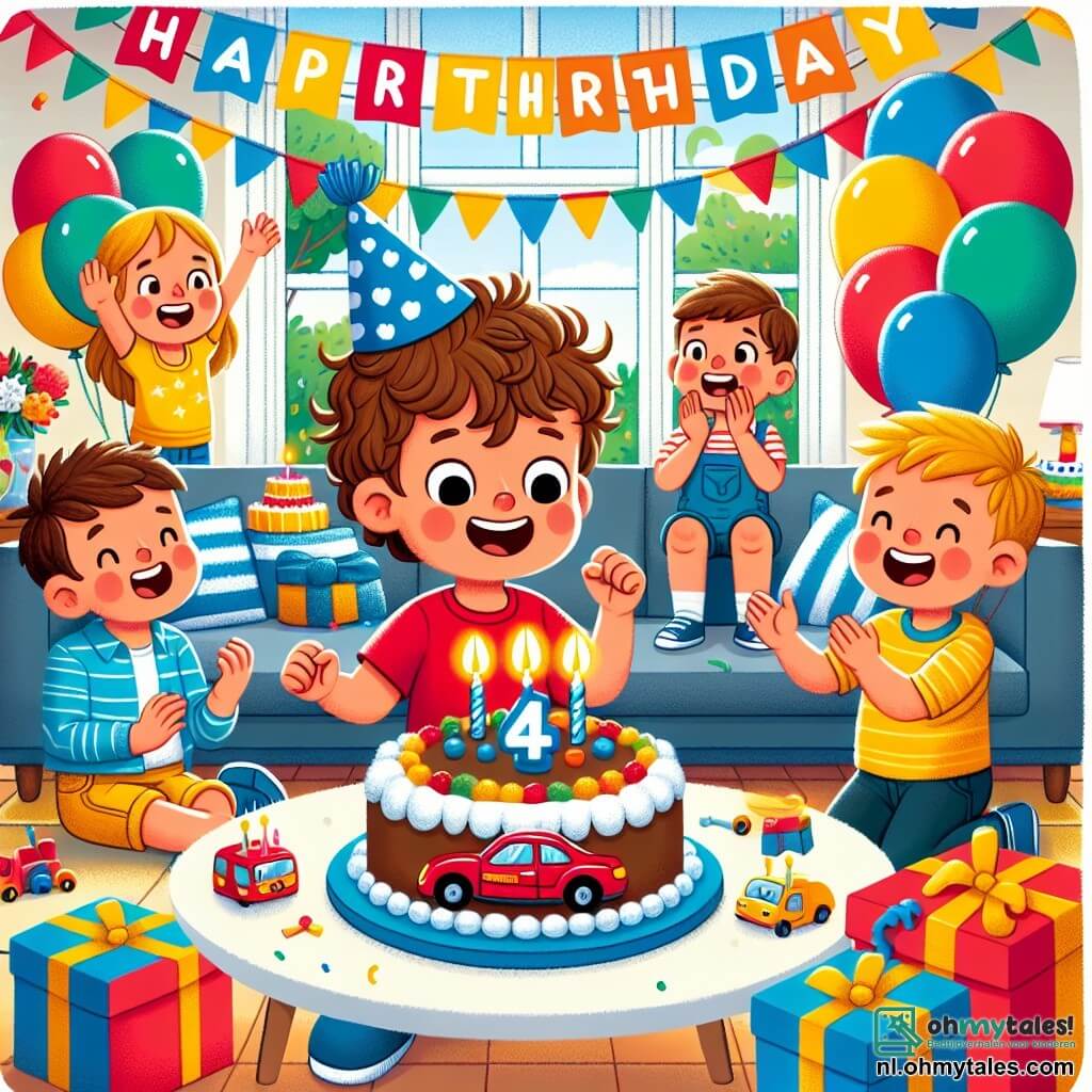 Une illustration sous forme de dessin destinée aux enfants représentant une joyeuse salle de séjour décorée de ballons colorés et de guirlandes, où un garçon de 4 ans aux cheveux bruns et bouclés, portant un t-shirt rouge et un short bleu, souffle avec enthousiasme sur quatre bougies d'anniversaire posées sur une grande gâteau en forme de voiture, tandis que son meilleur ami, un garçon aux cheveux blonds et courts, applaudit avec un grand sourire, entourés de membres de la famille souriants et de cadeaux colorés éparpillés autour d'eux, capturant l'esprit festif et chaleureux d'une fête d'anniversaire.