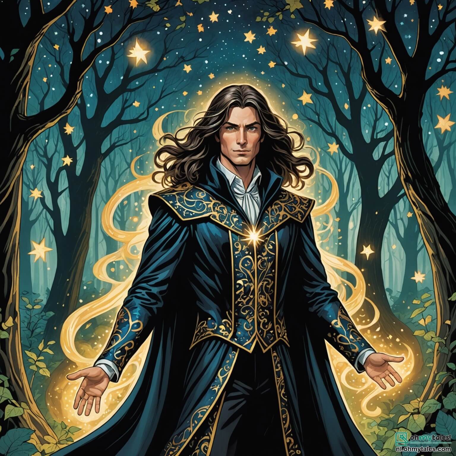 Une illustration destinée aux enfants représentant un homme aux cheveux longs et scintillants comme des étoiles, vêtu d'un costume flamboyant orné de motifs célestes, se tenant courageusement au milieu d'une forêt enchantée où les arbres majestueux aux feuilles luminescentes dansent au rythme d'une brise douce, alors qu'il fait face à une menace sombre incarnée par un être mystérieux en cape noire, tandis qu'à ses côtés, une brillante inventrice aux yeux pétillants et à la chevelure rousse, pleine de détermination, active un gadget futuriste pour les aider à surmonter les dangers qui les entourent, le tout se déroulant sur une planète lointaine, baignée d'une lumière éclatante et d'une atmosphère vibrante, où chaque couleur semble raconter une histoire de courage et d'amitié.