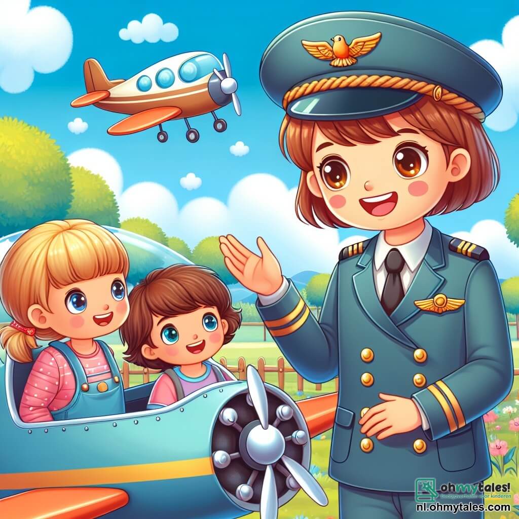 Une illustration sous forme de dessin destinée aux enfants représentant un grand parc ensoleillé avec un ciel bleu éclatant, où une pilote femme aux cheveux bruns et courts, portant un uniforme de pilote avec une casquette, se tient à côté d'un petit avion brillant, expliquant avec enthousiasme le fonctionnement de l'appareil à deux jeunes filles aux yeux pétillants, l'une avec des cheveux blonds et l'autre avec des cheveux châtains, toutes deux assises dans l'avion, écoutant attentivement et rêvant de voler dans les nuages.