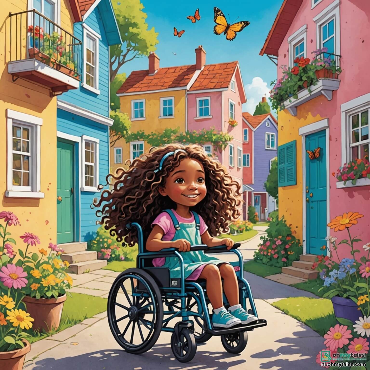 Une illustration destinée aux enfants représentant une petite fille aux longs cheveux bouclés, rayonnante de joie malgré son fauteuil roulant coloré, explorant un quartier ensoleillé parsemé de maisons aux façades pastel, de jardins fleuris où les papillons dansent parmi les fleurs éclatantes, tandis qu'elle se lie d'amitié avec une autre fillette à la grande curiosité, qui l'accompagne dans sa quête d'aventures et de trésors, tout en découvrant ensemble la beauté de leur amitié dans un monde où chaque sourire et chaque éclat de rire illuminent leur chemin.