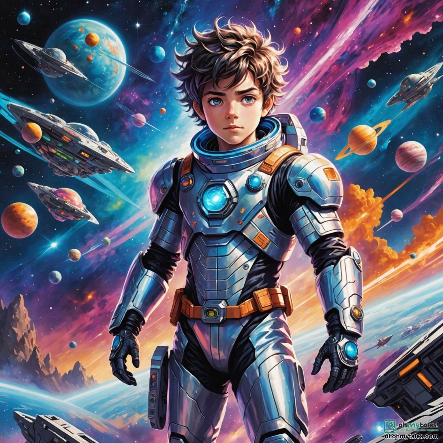 Une illustration destinée aux enfants représentant un jeune homme intrépide aux cheveux ébouriffés et aux yeux pétillants d'aventure, vêtu d'une combinaison spatiale étincelante, naviguant à bord de son vaisseau futuriste aux parois argentées, dans un cosmos vibrant de couleurs éclatantes où des nébuleuses tourbillonnent comme des nuages de bonbons, tandis qu'il tente de rétablir la paix entre deux races extraterrestres, les Zylarians, des créatures majestueuses à la peau scintillante, et les Vortaxianes, des êtres éthérés faits d'énergie lumineuse, tous deux perdus dans une guerre sans fin sur la planète Galactica Prime, un monde aux paysages grandioses de montagnes cristallines et d'océans scintillants, où l'harmonie semble encore possible.