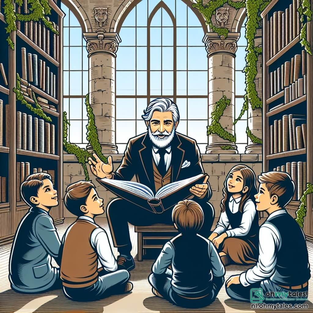 Une illustration sous forme de dessin destinée aux enfants représentant une bibliothèque ancienne aux murs couverts de lierre, où un homme aux cheveux gris et à la barbe soignée, vêtu d'une blazer élégant, raconte des histoires de paix et de solidarité à un groupe de cinq enfants, trois garçons et deux filles, aux yeux brillants et aux expressions curieuses, assis en cercle autour de lui, captivés par ses récits inspirants sur l'importance de l'empathie et de l'amitié dans des temps de guerre.