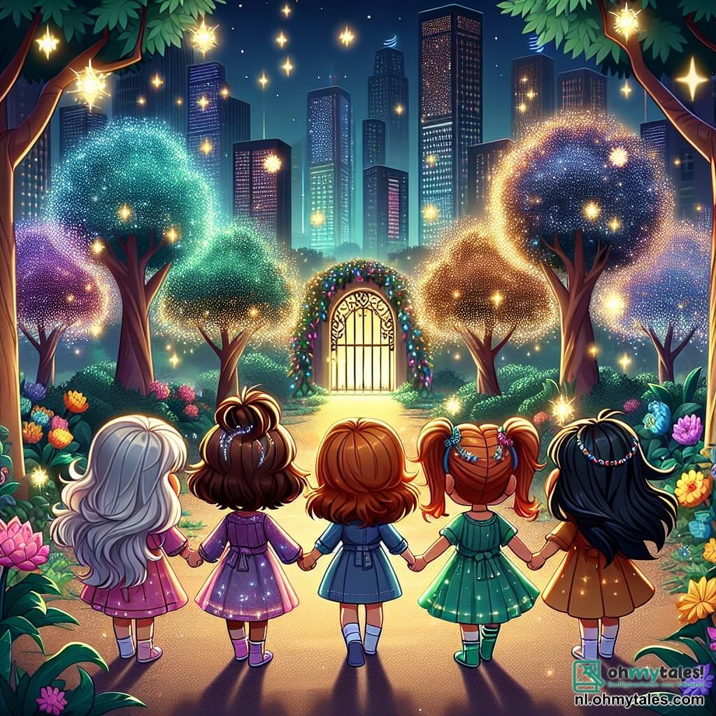 Illustratie van een magisch stadspark bij schemering, met grote bomen met glinsterende bladeren en kleurrijke bloemen die lijken te dansen in de wind. In het midden staan vier zesjarige meisjes, elk met glanzend haar: een heeft krullend bruin haar en een roze jurk, een ander heeft glanzend blond haar en een blauwe jurk, de derde heeft rood haar in vlechten en een groene jurk, en de laatste heeft zwart haar in een paardenstaart en een paarse jurk. Ze houden elkaars hand vast, met grote ogen van verwondering, voor een kleine houten deur versierd met heldere bloemen, die lijkt te leiden naar een magische wereld. De scène wordt verlicht door flonkerende vuurvliegjes en een sterrenhemel, wat een feeërieke en mysterieuze sfeer creëert. Schaduwen dansen om hen heen, wat de aanwezigheid van een dreigend gevaar suggereert, terwijl een zachte bries de bladeren laat ritselen, wat een vleugje magie aan het geheel toevoegt.