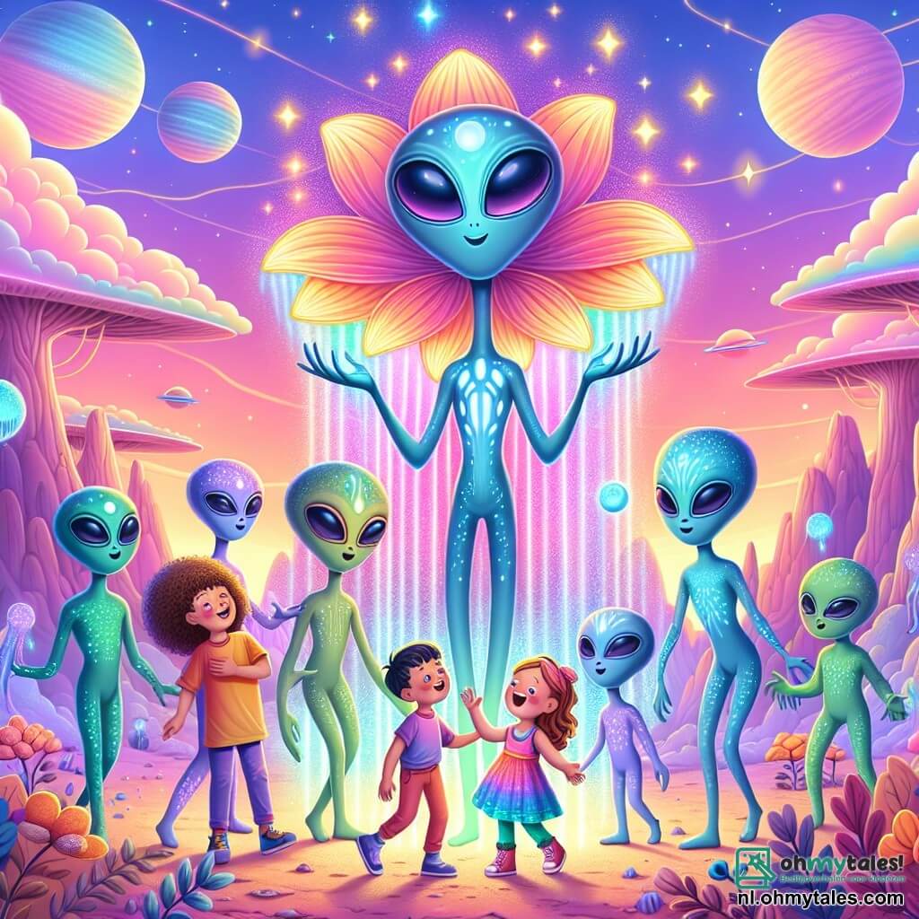 Illustratie van een levendige scène op de planeet Velexia, waar de lucht een verloop heeft van roze en oranje, bezaaid met fonkelende wolken. In het midden staat een groep jonge buitenaardse wezens met luminescente huid en expressieve ogen in tinten blauw en paars rond een grote drijvende bloem die gekleurde lichten uitstraalt. Tussen hen staat een menselijk meisje van ongeveer 10 jaar met bruin, krullend haar, gekleed in een kleurrijke jurk en glimlachend van verwondering. Naast haar danst een slanke, lange buitenaardse jongen met groene huid en delicate antennes op zijn hoofd vreugdevol met gracieuze bewegingen. De hoofdscène toont de kinderen die een moment van ontdekking en vreugde delen, lachen en vriendelijke gebaren uitwisselend, terwijl een zachte melodie door de lucht zweeft. Op de achtergrond voegen bergen met vreemde vormen en bomen met luminescente bladeren toe aan de magische sfeer van deze buitenaardse wereld. Fonkelende sterren beginnen aan de lucht te verschijnen, wat nieuwe avonturen belooft.