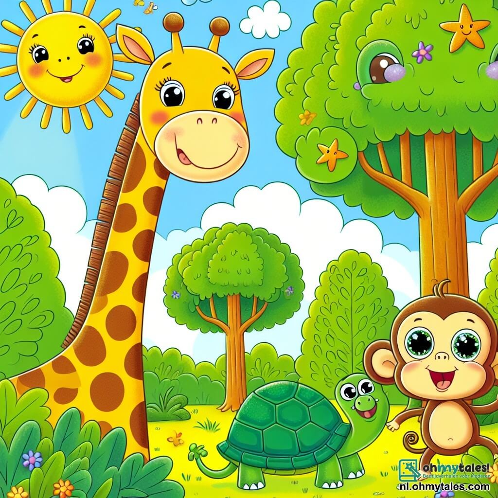 Une illustration sous forme de dessin destinée aux enfants représentant une clairière ensoleillée dans une forêt verdoyante, où une girafe majestueuse au long cou et aux taches dorées se cache derrière un grand arbre, souriante et curieuse, tandis qu'un petit singe espiègle aux yeux pétillants et à la fourrure brune compte joyeusement jusqu'à vingt, et une tortue sage avec une carapace verte et des yeux malins les observe, illustrant le moment où les amis jouent à cache-cache, célébrant l'amitié et l'acceptation dans un monde coloré et enchanteur.