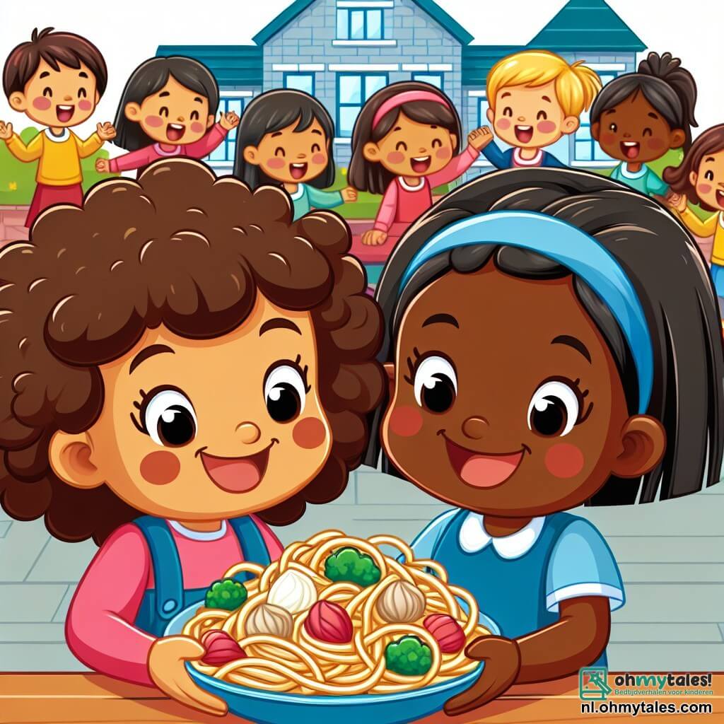 Une illustration sous forme de dessin destinée aux enfants représentant une cour d'école colorée, où une fille de 7 ans aux cheveux bruns et bouclés, souriante et pleine de vie, se tient aux côtés d'une autre fille de 7 ans, à la peau chocolat et aux cheveux noirs lissés en queue de cheval, tandis qu'elles partagent un plat de pannenkoeken, entourées d'autres enfants de différentes origines ethniques, tous riant et jouant ensemble, illustrant l'importance de l'amitié et de l'acceptation dans un environnement diversifié.