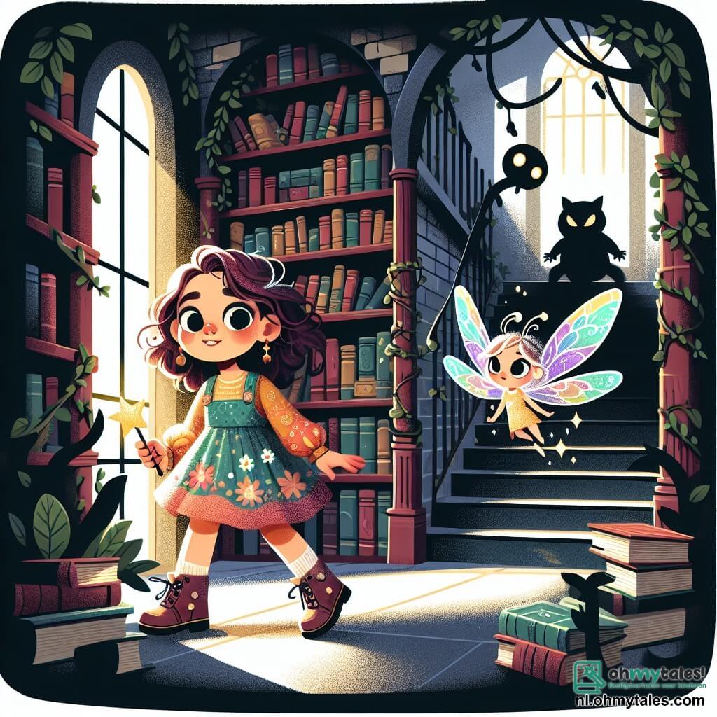 Une illustration sous forme de dessin destinée aux enfants représentant une vieille bibliothèque urbaine aux murs couverts de lierre et de livres poussiéreux, où une fille de 9 ans aux cheveux bouclés et aux yeux pétillants, vêtue d'une robe colorée, tient une clé dorée dans sa main tout en regardant avec détermination un petit être féérique aux ailes iridescentes qui flotte à ses côtés, alors qu'ils se préparent à affronter des ombres menaçantes qui surgissent des coins sombres de la pièce, symbolisant l'aventure magique et le danger qui les attend.