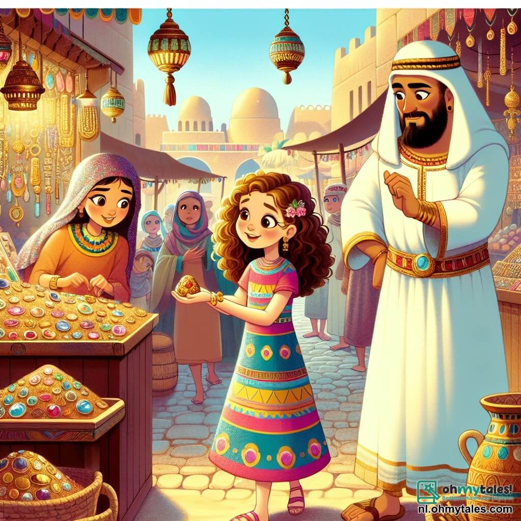 Une illustration sous forme de dessin destinée aux enfants représentant une scène vibrante du vieux marché égyptien, avec une fille de 11 ans aux cheveux bruns et bouclés, portant une robe colorée, qui tient un fruit sucré dans sa main tout en souriant avec émerveillement, entourée d'une jeune fille égyptienne aux yeux pétillants et à la peau bronzée, vêtue d'une tunique traditionnelle, qui lui montre des étals de bijoux scintillants et d'épices odorantes, tandis qu'un homme grand et musclé, vêtu d'une tunique simple, observe la scène avec un air protecteur, alors qu'ils s'apprêtent à déjouer un complot de voleurs de trésors dans une ambiance animée et colorée, remplie de cris de marchands et de senteurs exotiques.