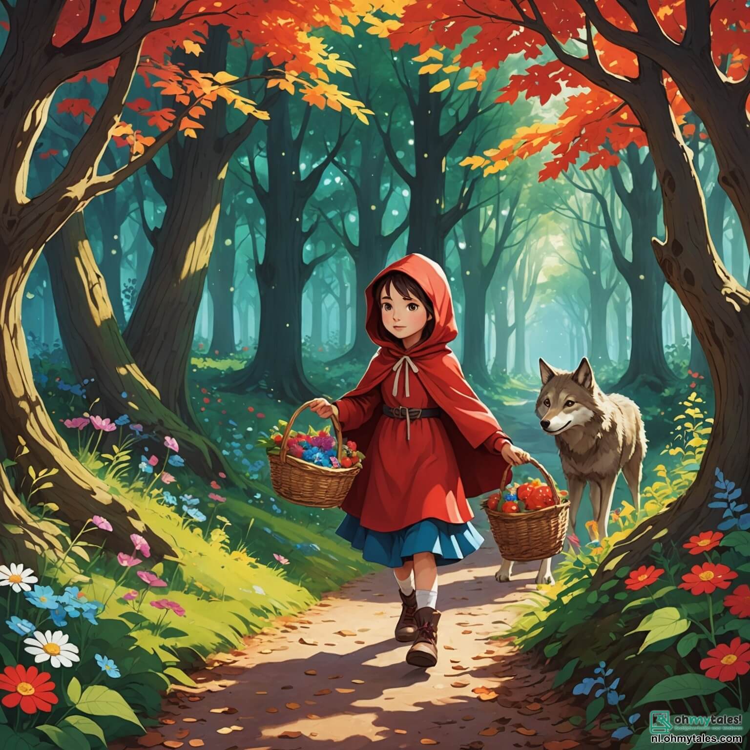 Une illustration destinée aux enfants représentant une intrépide petite fille au chaperon écarlate, se frayant un chemin à travers une forêt enchantée où les arbres aux troncs noueux et aux feuilles scintillantes dansent sous la brise légère, tandis qu'elle porte un panier rempli de douceurs pour sa grand-mère, rencontrant en chemin un loup rusé aux yeux pétillants de malice, et entourée de fleurs colorées qui semblent chuchoter des secrets, le tout se déroulant dans un monde où la magie et l'aventure se mêlent à la réalité.