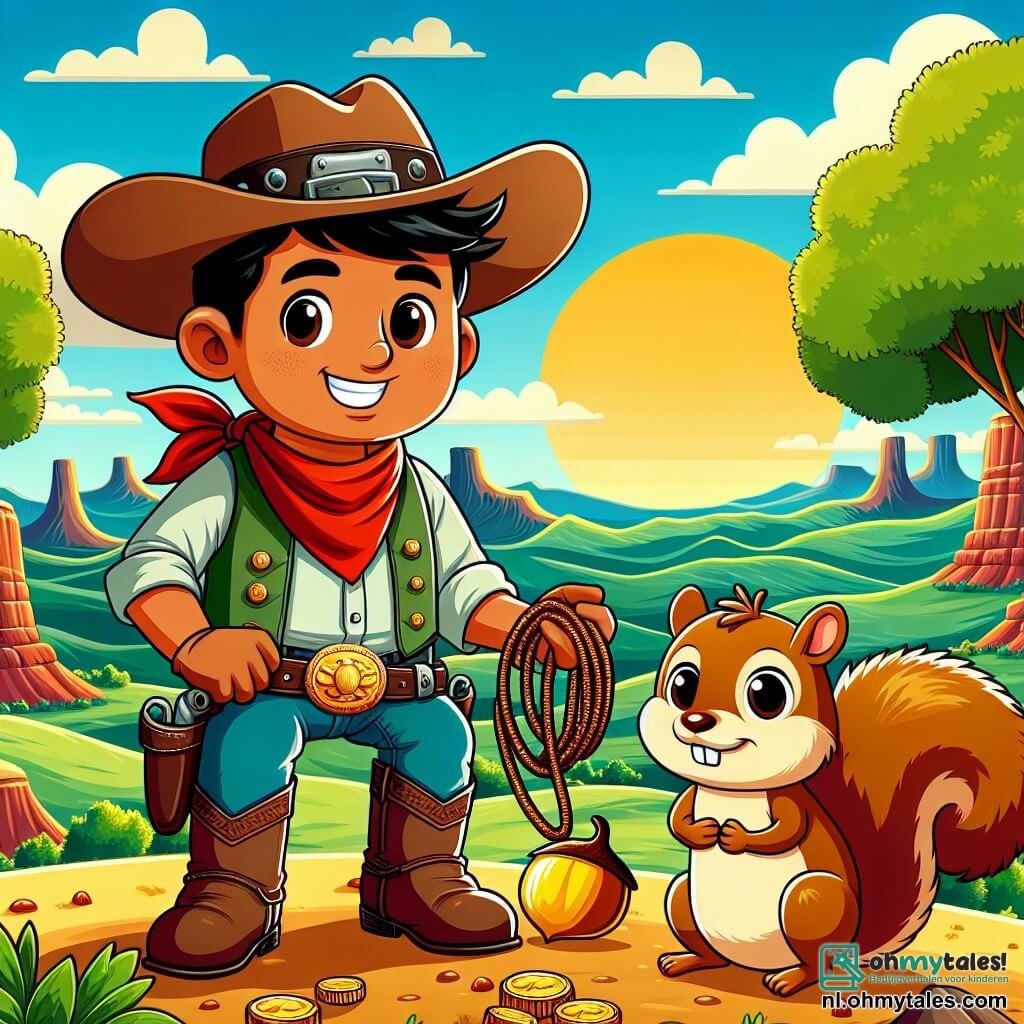 Une illustration sous forme de dessin destinée aux enfants représentant un vaste paysage du Wild West avec des collines verdoyantes sous un ciel bleu éclatant, où un homme courageux, vêtu d'un chapeau de cowboy et de bottes en cuir, tient une lasso dans une main et sourit joyeusement, tandis qu'à ses côtés, une petite eekhoorn au pelage brun et aux grands yeux curieux observe une magnifique châtaigne dorée, symbolisant leur découverte d'une mystérieuse grotte remplie de trésors, le tout baigné par la lumière dorée du soleil couchant qui illumine leur aventure.