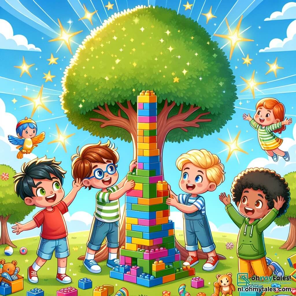 Illustratie van een zonnig park met een grote majestueuze boom in het midden, zijn glanzende groene bladeren in de blauwe lucht. Aan de voet van de boom zijn vier kinderen verzameld: een zevenjarige jongen met rommelig bruin haar, gekleed in een rode t-shirt en blauwe shorts, die glimlacht terwijl hij kleurrijke bouwblokken vasthoudt; een andere zevenjarige jongen met blond haar en een bril, gekleed in een gestreepte shirt, die verwonderd kijkt naar fonkelende sterren die om hen heen zweven; een zevenjarig meisje met krullend haar in een gele jurk, die enthousiast Lego aan het stapelen is; en tenslotte een jongen met zwart haar, gekleed in een groene hoodie, die zijn armen in de lucht steekt, alsof hij zijn vrienden aanmoedigt. De scène toont de kinderen die een enorme speeltoren bouwen, terwijl magische sterren om hen heen dansen, wat een vrolijke en dynamische sfeer creëert. Verspreide speelgoedjes, zoals knuffels en kleine autootjes, dragen bij aan de speelse ambiance van dit avontuur vol uitdagingen.