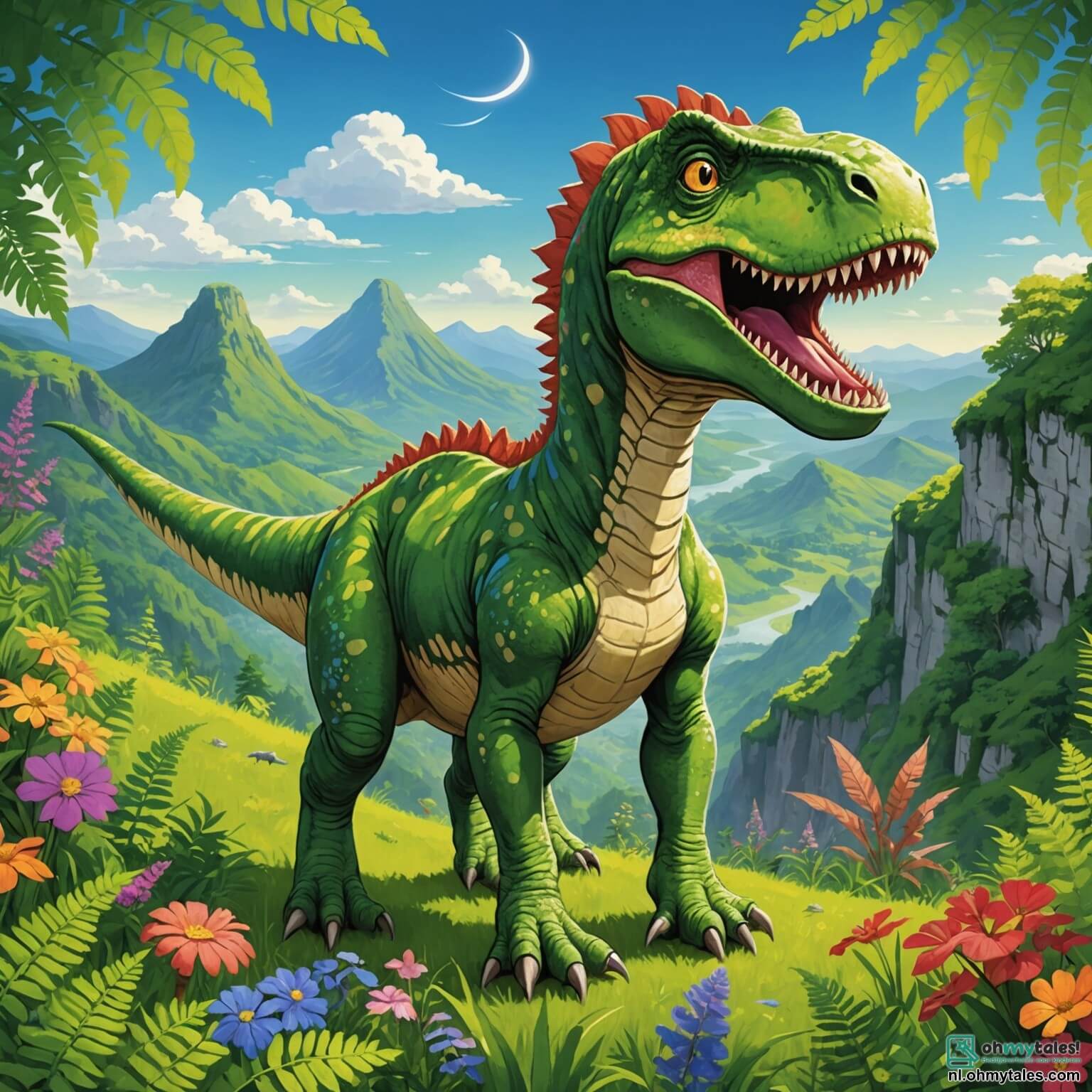 Une illustration destinée aux enfants représentant un jeune Tyrannosaure Rex au regard pétillant de curiosité, se tenant fièrement au sommet d'une colline verdoyante, entouré de fougères luxuriantes et de fleurs colorées, tandis qu'il rêve d'aventures palpitantes à explorer les mystères d'une immense grotte scintillante, accompagné de son inséparable ami, un rapide et espiègle velociraptor, tous deux prêts à défendre leur précieuse vallée ensoleillée contre des créatures menaçantes qui rôdent dans l'ombre des majestueuses montagnes au loin.