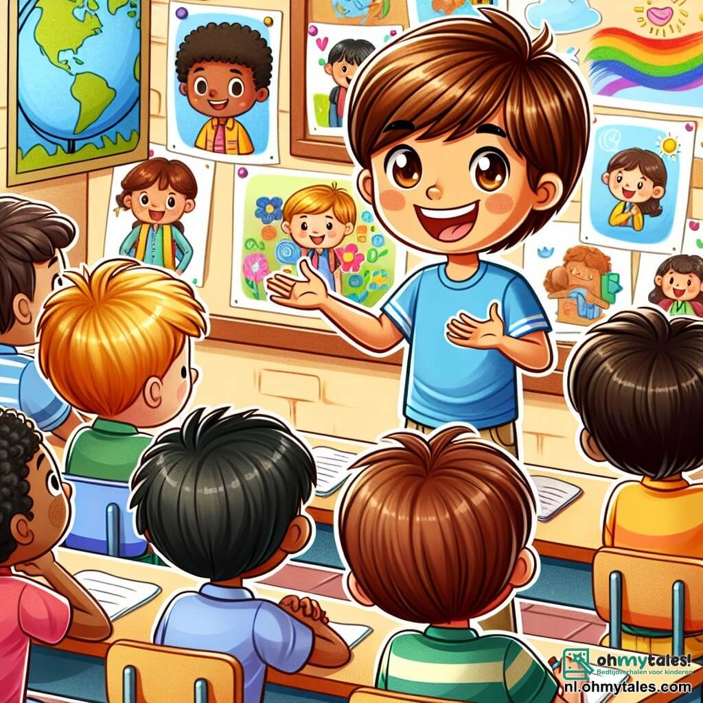Une illustration sous forme de dessin destinée aux enfants représentant une salle de classe colorée, avec des murs ornés de dessins d'enfants, où un garçon de 11 ans aux cheveux bruns et aux yeux pétillants, portant un t-shirt bleu, se tient debout avec un grand sourire, expliquant avec enthousiasme des histoires de son pays d'origine, tandis qu'un autre garçon de 11 ans, aux cheveux noirs et à la peau mate, assis à son bureau, l'écoute attentivement, entouré de camarades de classe curieux, illustrant ainsi l'importance de l'amitié et du respect entre différentes cultures dans un environnement scolaire.