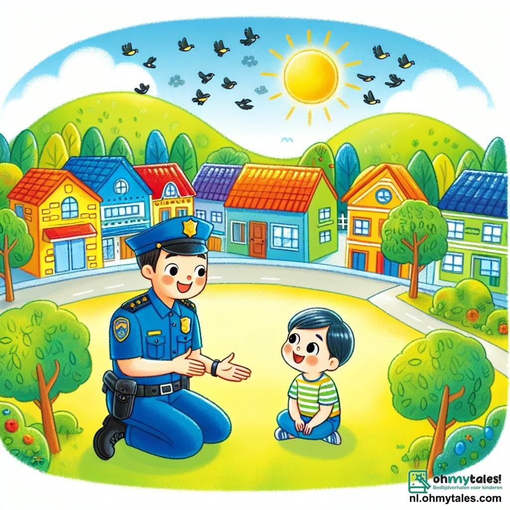 Une illustration sous forme de dessin destinée aux enfants représentant une scène colorée dans un petit village ensoleillé, avec un homme policier souriant portant un uniforme bleu, agenouillé près d'un petit garçon aux cheveux blonds et aux yeux pétillants, qui l'écoute attentivement tout en regardant des oiseaux voler dans le ciel ; en arrière-plan, des maisons aux couleurs vives et des arbres verdoyants, illustrant un moment chaleureux où le policier explique l'importance de la sécurité et de l'entraide aux enfants.