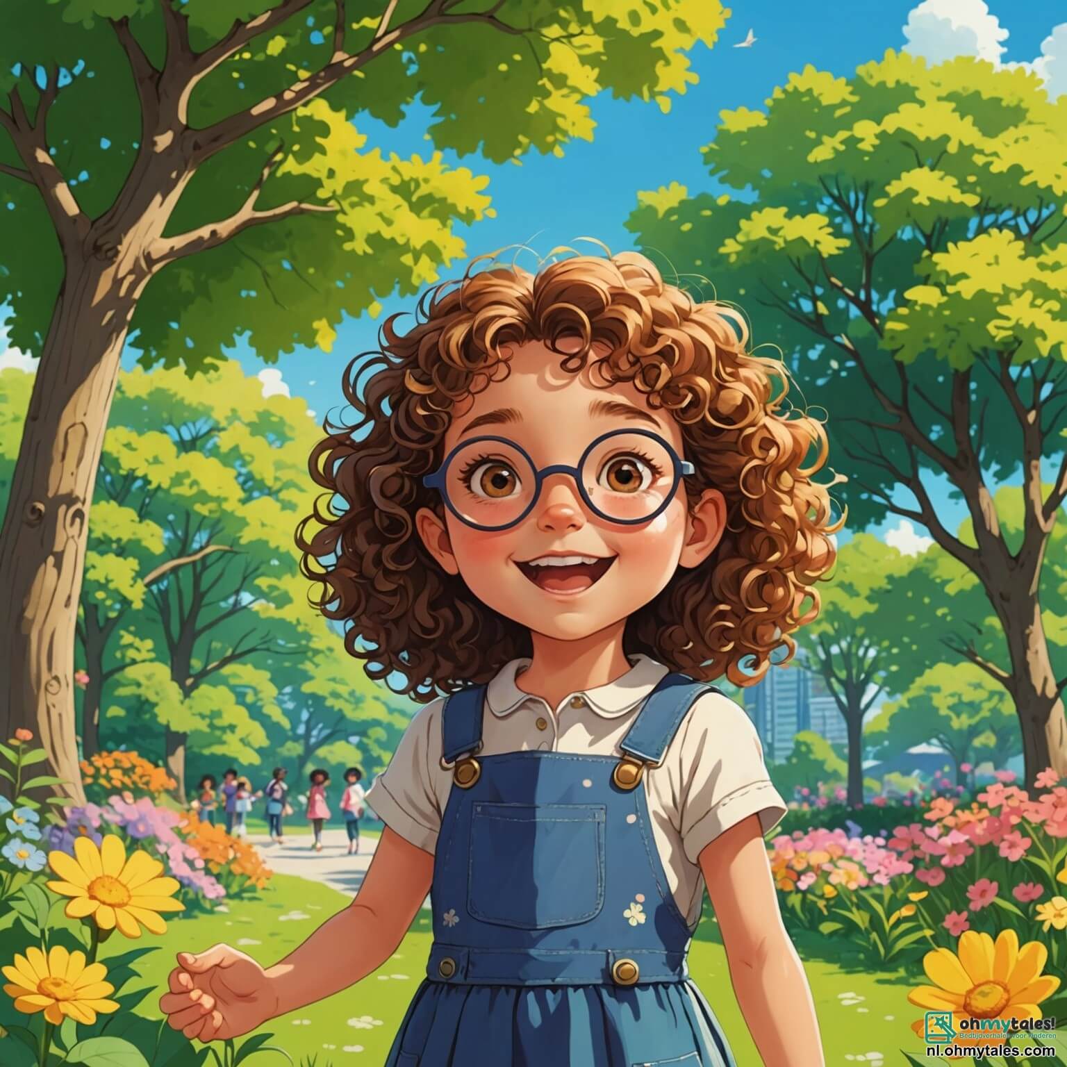 Une illustration destinée aux enfants représentant une petite fille aux cheveux bouclés comme des ressorts dorés, toujours prête à rire et à faire des blagues, se trouvant dans un parc coloré où les arbres sont aussi hauts que des immeubles et où les fleurs dansent sous la brise légère, entourée de ses amis, un garçon au sourire malicieux qui adore jouer des tours et une fille aux lunettes rondes qui aime inventer des histoires incroyables, alors qu'ils s'apprêtent à organiser une chasse au trésor hilarante, remplie de défis loufoques et de surprises inattendues, tout en se cachant derrière un grand toboggan rouge vif et en riant aux éclats à chaque nouvelle découverte.