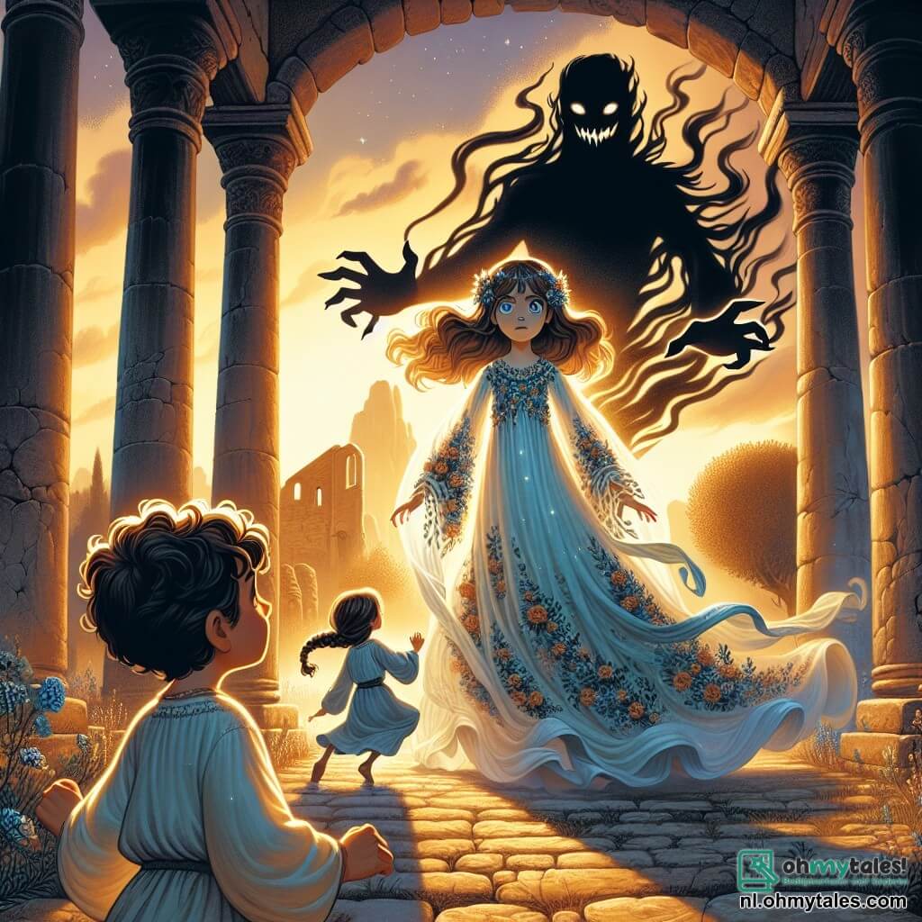 Une illustration sous forme de dessin destinée aux enfants représentant une scène magique dans les ruines d'une ancienne villa romaine, où une jeune femme aux cheveux châtain clair et aux yeux océaniques, vêtue d'une robe flottante ornée de motifs floraux, se tient courageusement face à une ombre menaçante qui s'élève dans les airs, tandis qu'un groupe de jeunes enfants, un garçon aux cheveux bouclés et une fille avec une tresse, regardent avec émerveillement et inquiétude, témoignant de la lutte entre la lumière et l'obscurité qui se déroule devant eux, le tout baigné dans une lumière dorée du coucher de soleil.