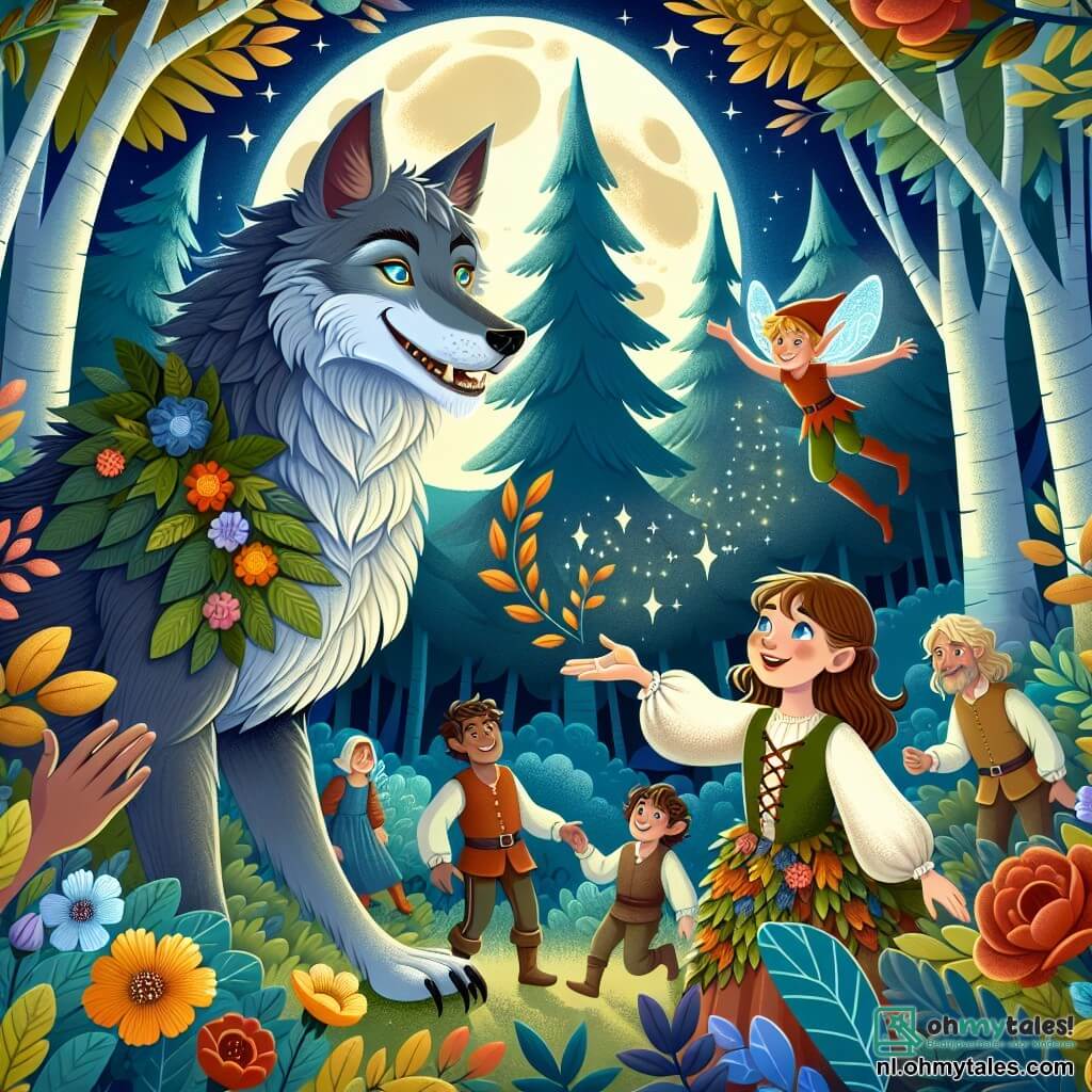 Une illustration sous forme de dessin destinée aux enfants représentant une clairière enchantée dans le Woud de Wonderen, baignée par la lumière de la lune, où un loup-garou majestueux avec une fourrure argentée et des yeux brillants observe avec curiosité un groupe de villageois, dont une petite fille aux cheveux châtain et aux yeux bleus, vêtue d'une robe faite de feuilles et de fleurs, qui tend une main amicale vers lui, tandis qu'un petit elfe aux ailes scintillantes vole joyeusement autour d'eux, créant une atmosphère de magie et de camaraderie au milieu des arbres aux feuilles multicolores.