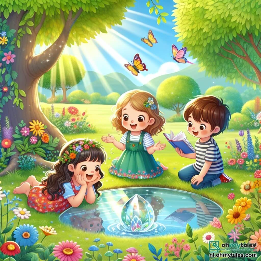 Illustratie van een vredige scène aan de rand van een zonnige open plek, omringd door kleurrijke bloemen en grote bomen met groene bladeren. In het midden weerspiegelt een kleine, kristalheldere waterpartij de blauwe lucht, wat een serene sfeer creëert. Drie kinderen zijn aanwezig: een meisje van ongeveer 8 jaar met krullend haar en een kleurrijke jurk, dat zich bij het water bukt en met een nieuwsgierige glimlach naar haar reflectie kijkt. Naast haar staat een jongen van 9 jaar met bruin haar en een gestreept t-shirt, die vrolijk gebaren maakt terwijl hij praat, met zijn armen wijd open alsof hij een groot idee deelt. Ten slotte zit een ander meisje van 7 jaar met lang, steil haar en een bloemenjurk op het gras, met een open boek op haar schoot, aandachtig luisterend naar haar vrienden. De belangrijkste situatie toont de kinderen die discussiëren over wat hen gelukkig maakt, omringd door de schoonheid van de natuur, met zonnestralen die door de takken van de bomen filteren en een magische, inspirerende sfeer creëren. Kleurrijke vlinders fladderen om hen heen en voegen een vleugje leven en vreugde toe aan de scène.