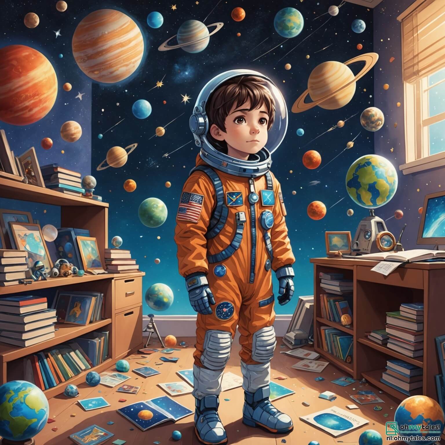 Une illustration destinée aux enfants représentant un jeune garçon aux yeux pétillants de curiosité, vêtu d'une combinaison spatiale colorée ornée de patchs de planètes et d'étoiles, se tenant dans sa petite chambre remplie de maquettes de fusées en carton, de posters de galaxies scintillantes sur les murs et de livres sur les astronautes éparpillés sur le sol, tandis qu'il rêve de voyager dans l'immensité de l'espace, accompagné de sa meilleure amie, une fille pleine de créativité, qui dessine des étoiles et des planètes sur son carnet, tous deux imaginant des aventures extraordinaires dans un cosmos vibrant de couleurs et de mystères.