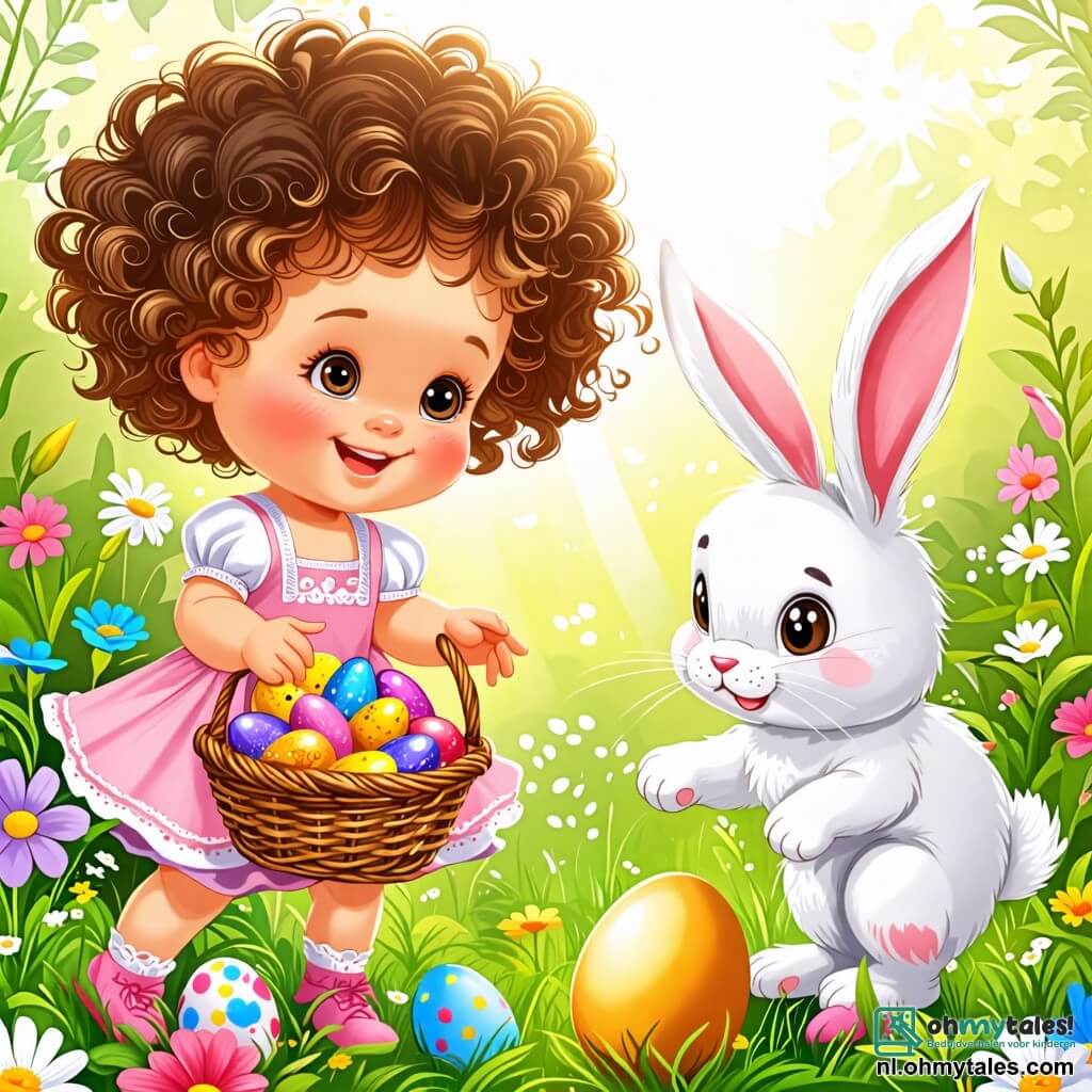 Une illustration sous forme de dessin destinée aux enfants représentant un jardin ensoleillé rempli de fleurs colorées et de paquets de bonbons de Pâques, avec une petite fille de 2 ans aux cheveux bouclés et aux yeux pétillants, qui sourit en tenant un panier rempli d'œufs en chocolat, tandis qu'un adorable petit lapin blanc aux grandes oreilles et au nez rose saute joyeusement à ses côtés, tous deux cherchant ensemble un grand œuf doré caché parmi les buissons fleuris.