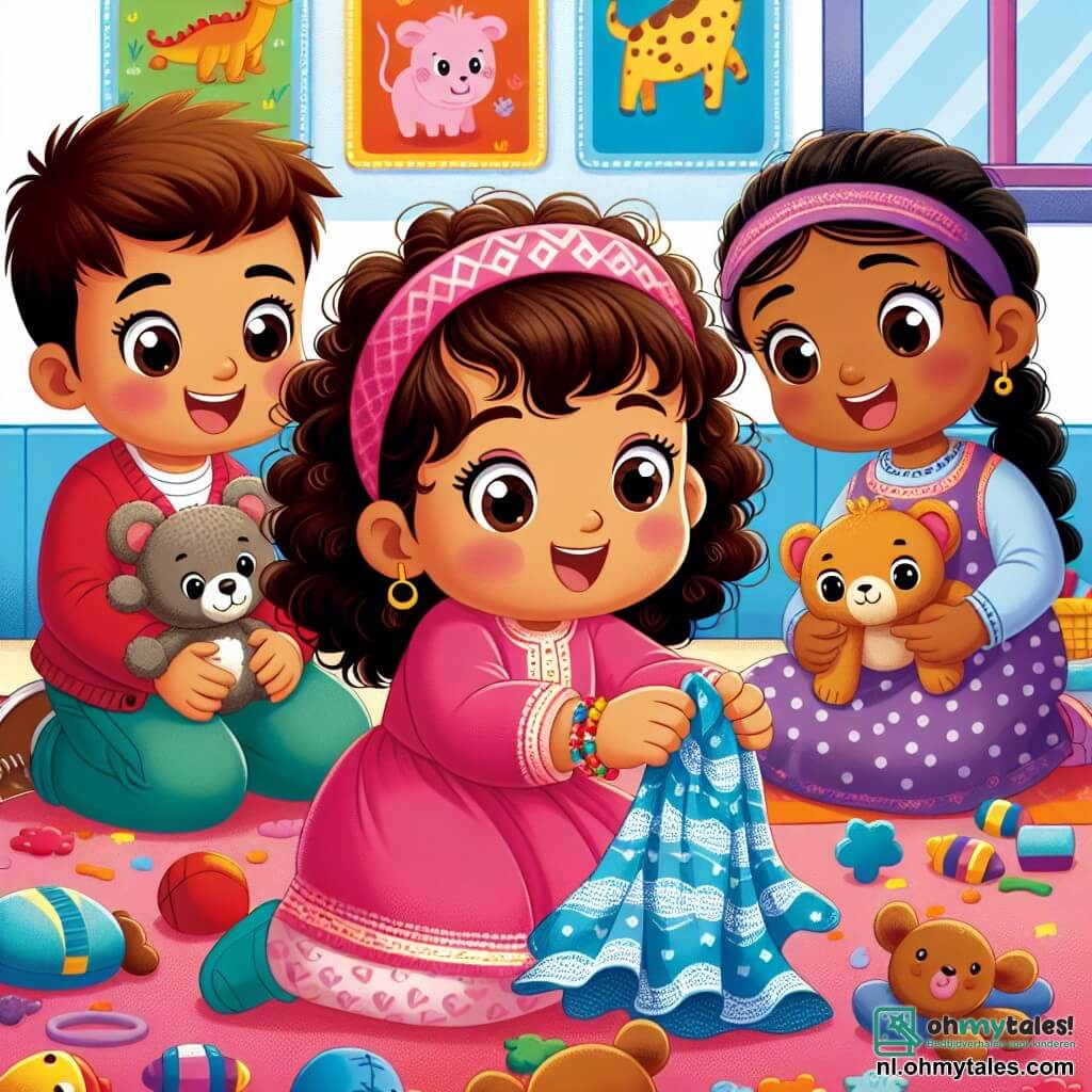 Une illustration sous forme de dessin destinée aux enfants représentant une salle de classe colorée avec des murs ornés de dessins d'animaux, où une petite fille de 3 ans aux cheveux bouclés et aux yeux pétillants, vêtue d'une robe rose, examine attentivement un petit morceau de tissu bleu trouvé par terre, tandis que deux de ses amis, un garçon souriant aux cheveux bruns et une fille aux cheveux blonds en boucles, l'observent avec curiosité, tous trois cherchant à résoudre le mystère de leurs knuffels disparus, entourés de jouets éparpillés et d'une ambiance joyeuse.