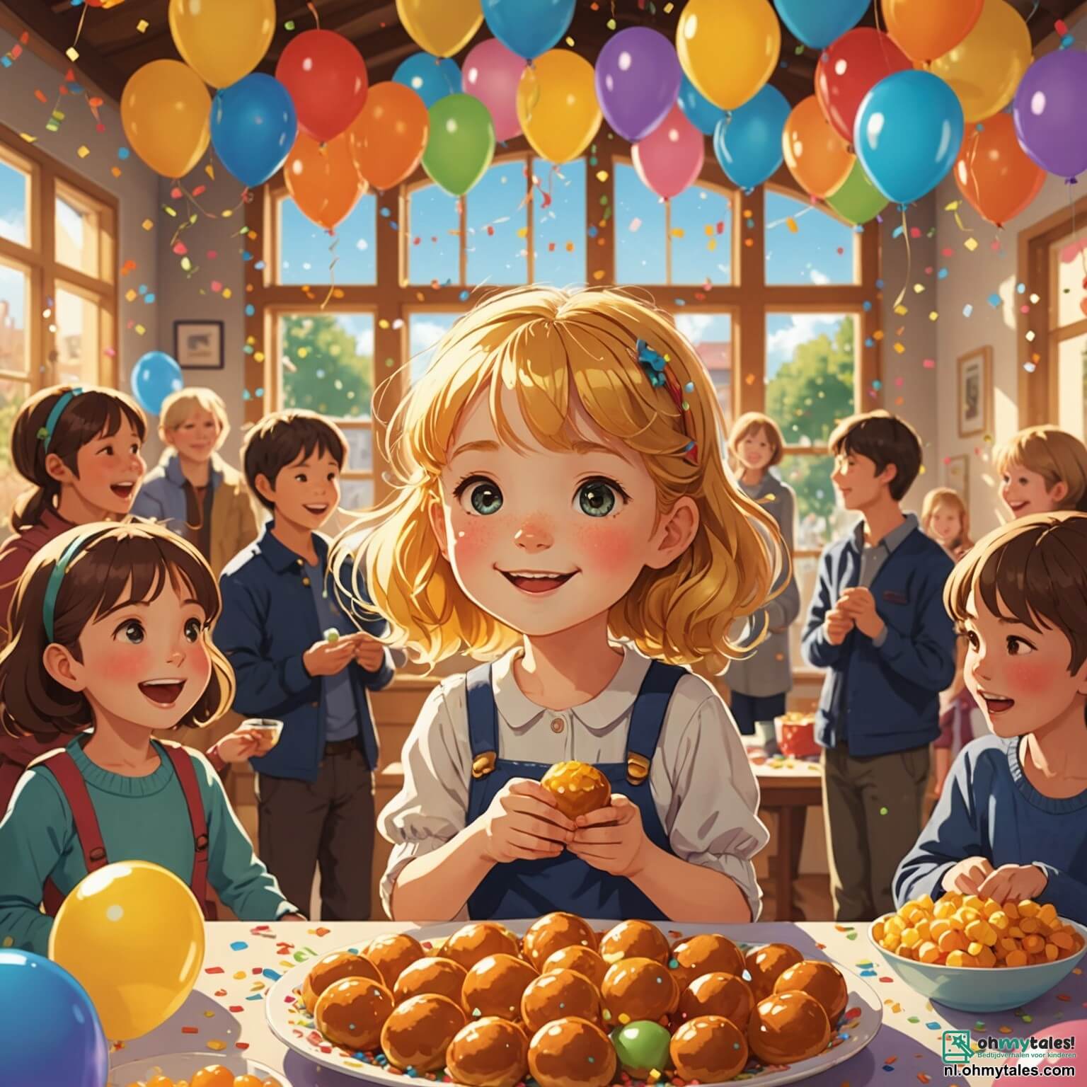 Une illustration destinée aux enfants représentant une petite fille pétillante aux cheveux dorés, illuminée par la lumière chaleureuse des guirlandes scintillantes qui ornent la salle de fête, entourée de sa famille et de ses amis, tous joyeusement rassemblés dans une maison décorée de ballons colorés et de confettis, où l'odeur délicieuse des oliebollen fraîchement cuits flotte dans l'air, alors qu'elle propose une idée ludique pour une compétition de chapeaux extravagants, tandis que son meilleur ami, un garçon aux lunettes rondes et au sourire malicieux, l'encourage avec enthousiasme, et où la magie de la nuit de la Saint-Sylvestre se mêle aux éclats de rire et aux rêves d'aventures à venir.
