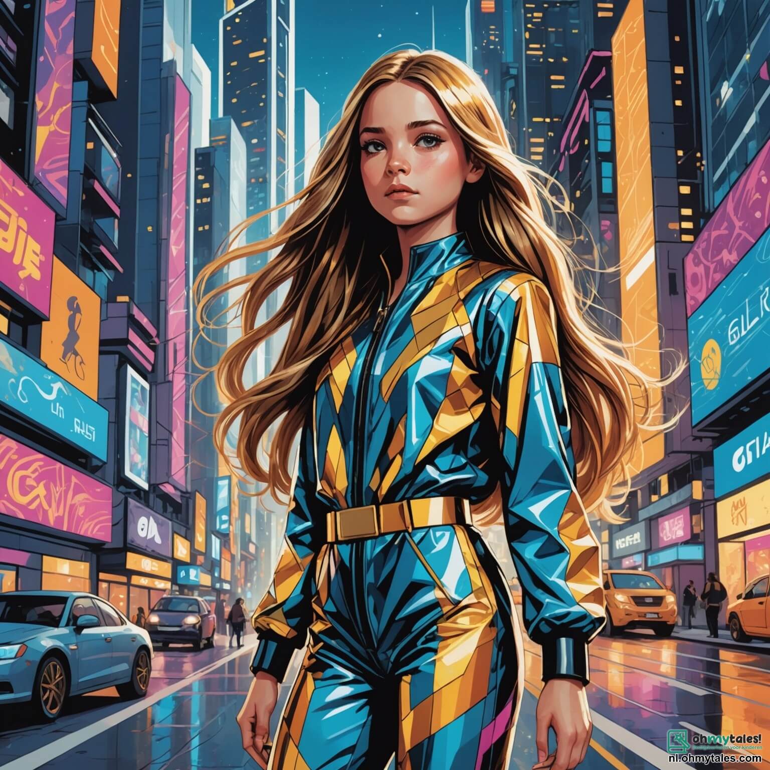 Une illustration destinée aux enfants représentant une jeune fille aux cheveux longs et brillants comme des fils d'or, vêtue d'une combinaison colorée ornée de motifs futuristes, se tenant avec émerveillement au bord d'une rue animée de Glimma, une ville futuriste où des gratte-ciels scintillants s'élèvent tels des cristaux géants, illuminés par des néons multicolores et entourés de véhicules flottants qui glissent silencieusement dans les airs, tandis qu'elle découvre un gadget mystérieux qui pourrait la mener à des aventures extraordinaires, accompagnée de son ami robot, un petit être aux yeux pétillants et à la voix douce, qui l'aide à explorer les secrets cachés de cette métropole vibrante et magique.