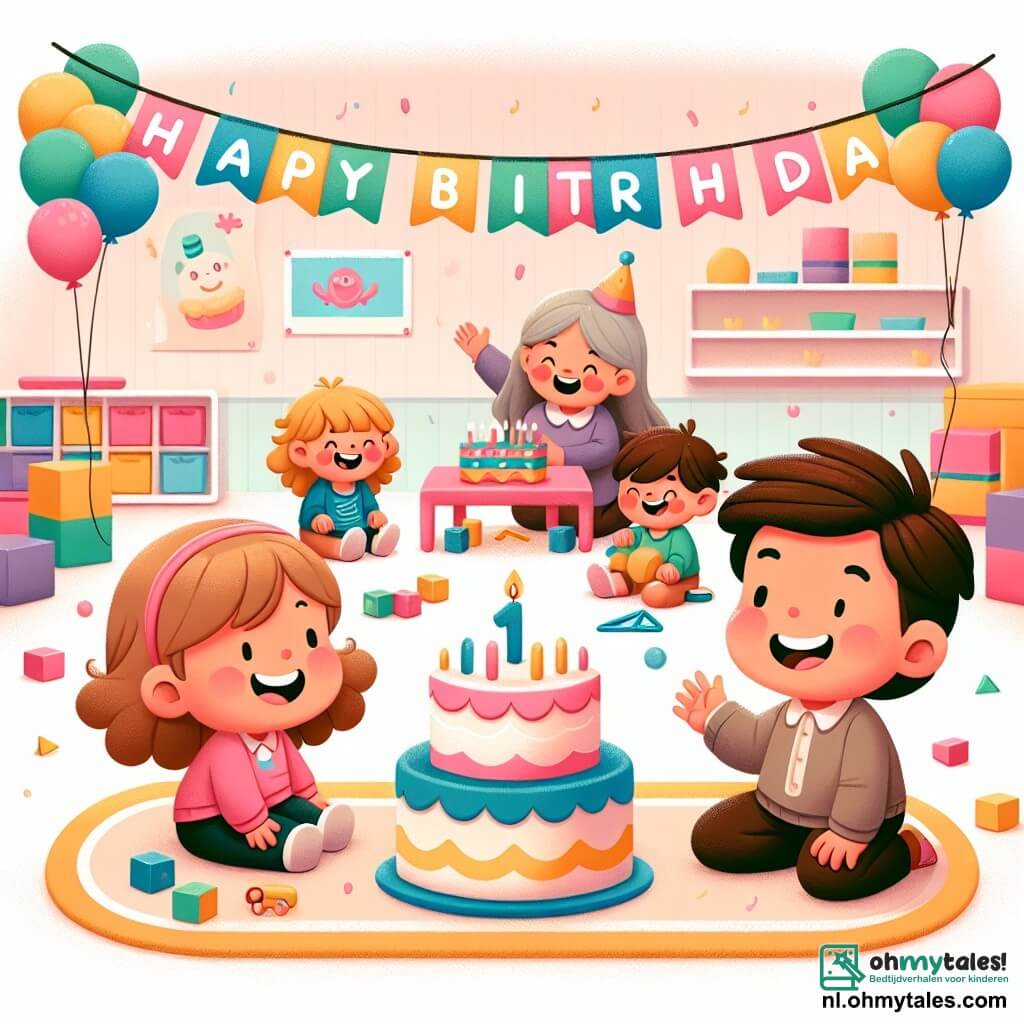 Une illustration sous forme de dessin destinée aux enfants représentant une salle de classe décorée de ballons colorés et d'une grande gâteau d'anniversaire, avec une petite fille de 1 an aux cheveux bouclés et un sourire radieux, assise sur un tapis, entourée de ses amis, dont un garçon aux cheveux bruns qui rit en jouant avec des blocs colorés, tandis que la maîtresse, une femme souriante aux cheveux longs, entre en chantant "Joyeux Anniversaire", créant une atmosphère joyeuse et festive.