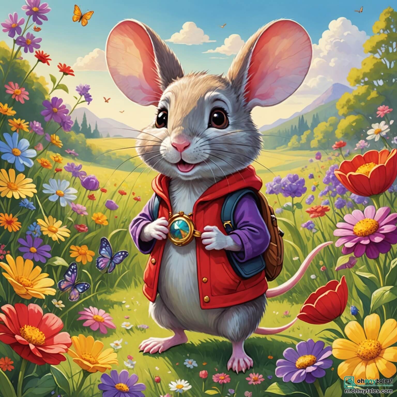 Une illustration destinée aux enfants représentant une petite souris au pelage doux comme un nuage, avec des yeux pétillants de curiosité et des oreilles délicates, se tenant courageusement au milieu d'une clairière ensoleillée, entourée de fleurs colorées dans des teintes éclatantes de rouge, de jaune et de violet, tandis qu'un joyeux lapin aux grandes oreilles et une sage tortue au dos ridé l'observent avec bienveillance, alors qu'ensemble, ils s'apprêtent à vivre une aventure palpitante dans ce coin enchanteur du bois, où les rayons du soleil filtrent à travers les feuilles des grands arbres, créant des ombres dansantes sur le sol tapissé de mousse et de petites pierres scintillantes.