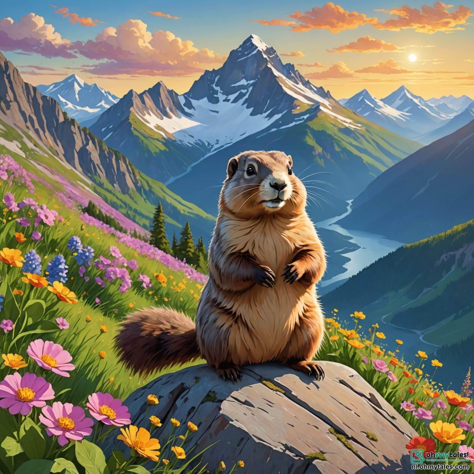 Une illustration destinée aux enfants représentant une marmotte au pelage doux et soyeux, aux yeux pétillants de curiosité, se tenant fièrement sur un sommet verdoyant, entourée de fleurs colorées qui dansent au gré du vent, tandis qu'elle rêve d'atteindre les cimes majestueuses des montagnes scintillantes sous le soleil doré, avec à ses côtés un écureuil espiègle, aux moustaches frétillantes et à la queue touffue, qui l'encourage à surmonter les défis d'une aventure palpitante à travers des forêts enchantées et des rivières scintillantes, le tout dans un vallon enchanteur où la nature chante et où chaque pierre et chaque brin d'herbe semblent raconter des histoires de courage et d'amitié.