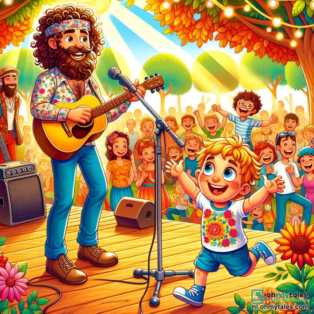 Une illustration sous forme de dessin destinée aux enfants représentant une scène en plein air lors d'un concert ensoleillé dans un parc coloré, avec un homme aux cheveux bouclés et à la barbe soignée, vêtu d'une chemise à fleurs, jouant de la guitare et chantant joyeusement sur une scène en bois, tandis qu'un petit garçon aux yeux brillants et aux cheveux blonds, vêtu d'un t-shirt coloré, danse et chante avec enthousiasme au premier rang, entouré de spectateurs souriants et d'arbres aux feuilles éclatantes, créant une atmosphère festive et chaleureuse.
