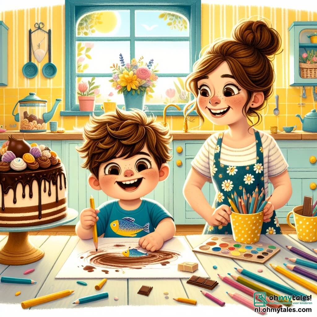 Illustratie van een warme en kleurrijke keuken, met pastelgele muren en ramen die zonlicht binnenlaten. Op de houten tafel staat een groot bord met smeltende chocolade en een mooie cake versierd met chocoladeglazuur in het midden, omringd door verspreide kleurpotloden. Op de voorgrond staat een 3-jarig jongetje met rommelig bruin haar en ronde wangen, dat vrolijk glimlacht. Hij draagt een blauwe t-shirt met een visafbeelding en een spijkerbroek. Hij is geconcentreerd aan het tekenen met kleurpotloden, bezig met zijn creatie, een grote en vrolijke vis die hij voor zijn papa heeft bedacht. Naast hem staat een vrouw van ongeveer 30 jaar met kastanjebruin haar in een knot en een bloemetjesschort, die haar zoon teder observeert. Ze glimlacht met haar handen op haar heupen, trots op haar kleine kunstenaar. De scène vangt de opwinding en liefde van een speciaal moment ter voorbereiding op Vaderdag, met gelach en een sfeer van gezinsgeluk. Chocoladevlekken op het gezicht van het jongetje voegen een speelse toets toe aan de illustratie, terwijl een vaasje met kleurrijke bloemen de tafel siert en frisheid brengt.