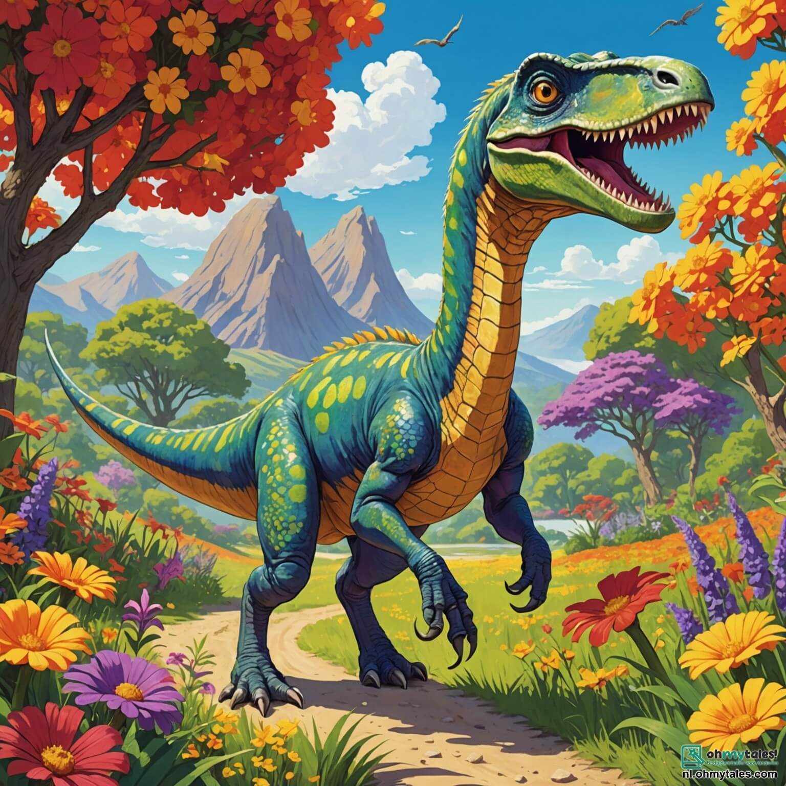 Une illustration destinée aux enfants représentant un vélociraptor aux écailles vertes étincelantes, aux yeux pétillants de curiosité et à la queue agile, courant joyeusement à travers une vaste clairière baignée de soleil, entourée de fleurs éclatantes aux couleurs vives comme le rouge, le jaune et le violet, tout en appelant ses amis, un énorme diplodocus à la longue cou et un pterodactyle qui virevolte dans le ciel azur, alors qu'ils se dirigent ensemble vers un groupe d'arbres majestueux où un petit triceratops, triste et blessé, attend leur aide pour retrouver le sourire et la joie de jouer.
