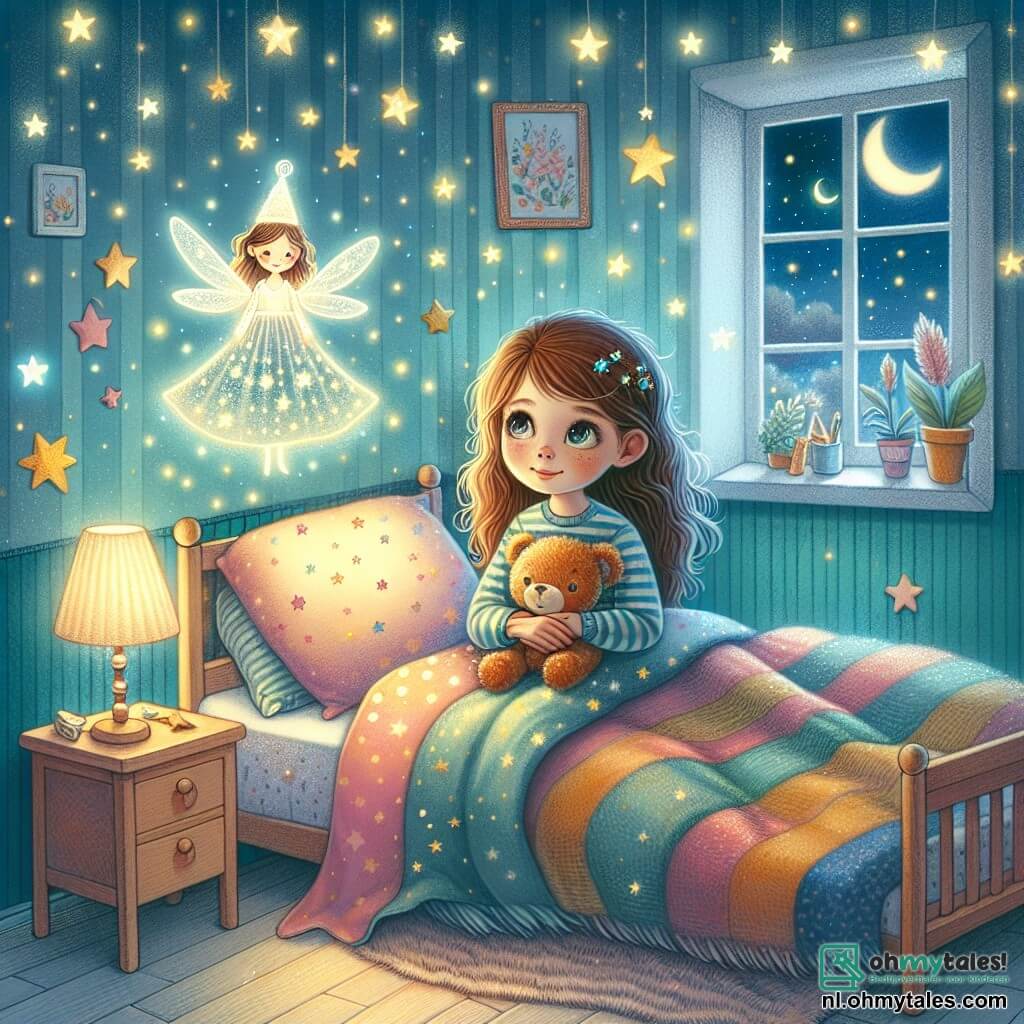 Illustratie van een warme kinderkamer, met pastelblauwe muren en gouden sterren op het plafond. Een knus bed is bedekt met een kleurrijke deken, en een raam laat het maanlicht binnen, dat de kamer zachtjes verlicht. In het midden van de afbeelding zit een 9-jarig meisje met lange bruine haren en sprankelende ogen op haar bed. Ze draagt een gestreepte pyjama en houdt stevig een teddybeer vast. Haar uitdrukking is zowel nieuwsgierig als een beetje bezorgd terwijl ze om zich heen kijkt, alsof ze op iets magisch wacht. Naast haar zweeft een kleine, stralende figuur, een nachtfee, in de lucht. Ze heeft glinsterende vleugels en een jurk van sterrenlicht. De fee glimlacht warm naar het meisje en biedt haar een gevoel van troost en bescherming. De hoofdscène toont het meisje, omringd door een zachte gloed, klaar om de wonderen van de nacht te ontdekken, terwijl de fee haar uitnodigt om de duisternis niet te vrezen. Heldere sterren en vuurvliegjes dansen om hen heen, waardoor de sfeer een vleugje magie krijgt.