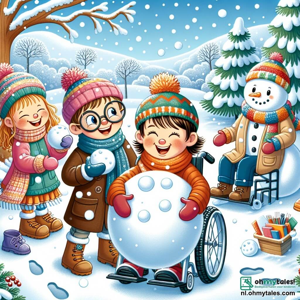 Illustratie van een vrolijke winterscène op een schoolplein bedekt met glinsterende sneeuw. Op de achtergrond staan bomen met met sneeuw bedekte takken onder een heldere blauwe lucht, terwijl sneeuwvlokken zachtjes naar beneden vallen. Op de voorgrond staat een jongen van ongeveer 8 jaar met bruin haar en een bril, die breed glimlacht terwijl hij een grote sneeuwbal in zijn handen houdt. Naast hem staat een andere jongen, ook 8 jaar oud, met blond haar en die aan het lachen is, zich voorbereidend om een sneeuwbal te gooien. Een derde kind, een jongen in een rolstoel, heeft een mooie kleurrijke sjaal om zijn nek en een grote pompon op zijn hoofd. Hij glimlacht enthousiast terwijl hij naar zijn vrienden kijkt. Alle kinderen zijn gekleed in kleurrijke winterkleding: dikke jassen, handschoenen en laarzen. De scène straalt een sfeer van vriendschap en vreugde uit, met voetsporen in de sneeuw en een versierde sneeuwpop in de buurt, wat een vleugje magie aan deze winterdag toevoegt.